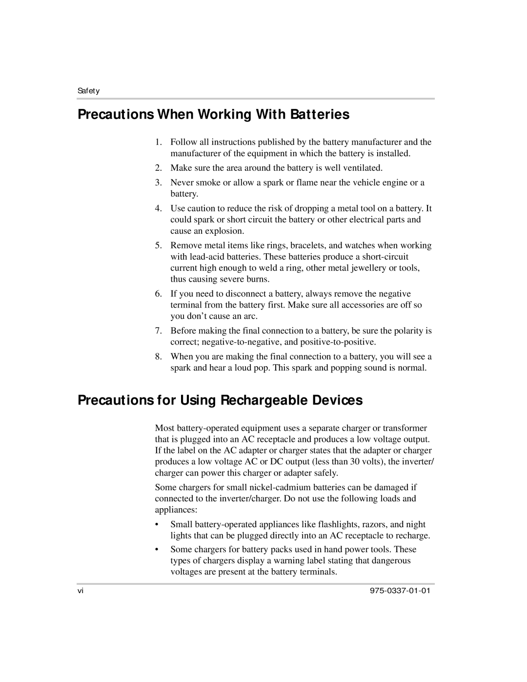 Xantrex Technology IP1012 AL manual Precautions When Working With Batteries, Precautions for Using Rechargeable Devices 