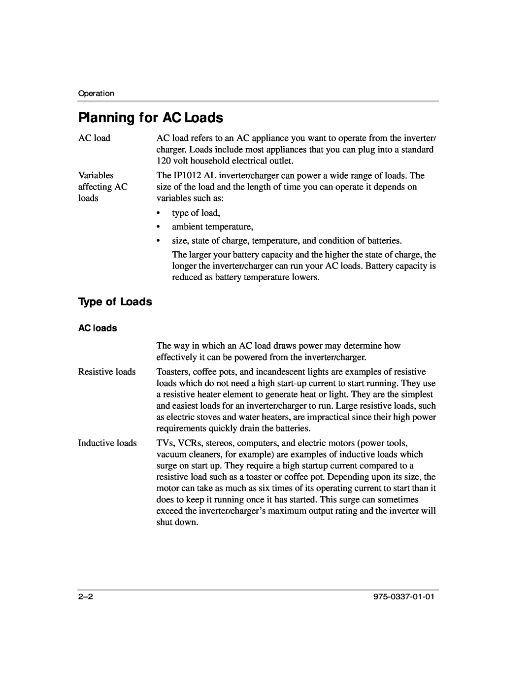 Xantrex Technology IP1012 AL manual Planning for AC Loads, Type of Loads, AC loads 