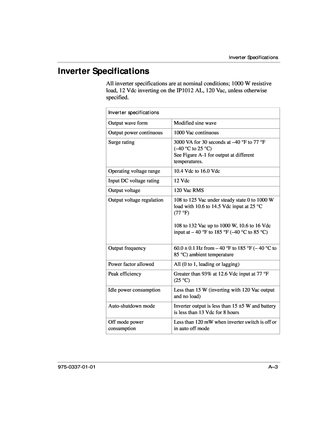 Xantrex Technology IP1012 AL manual Inverter Specifications 