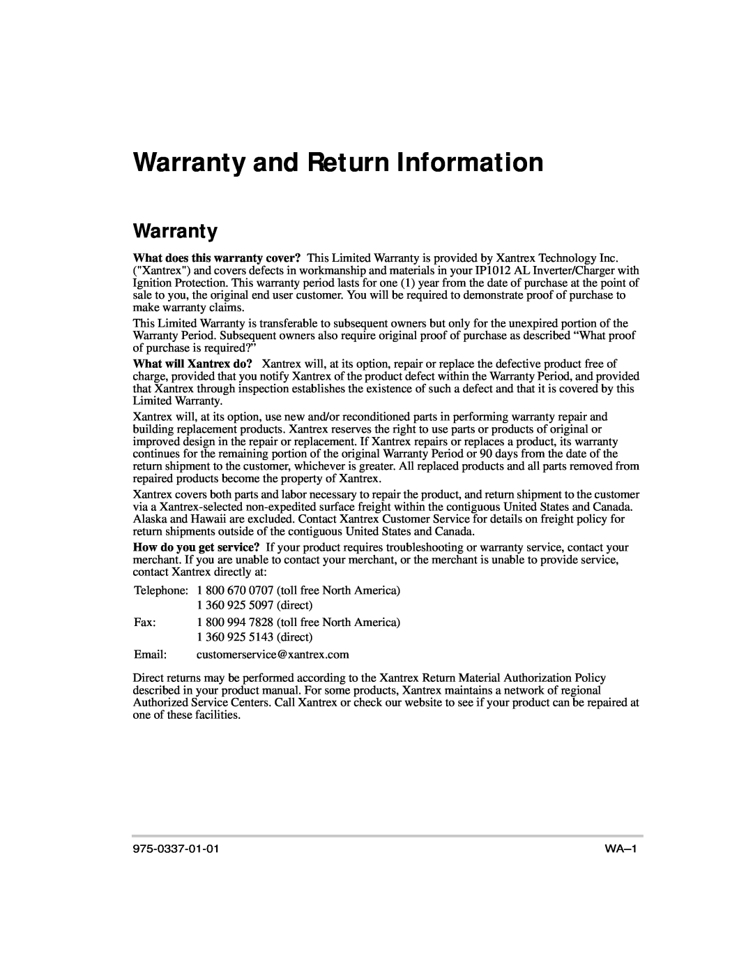 Xantrex Technology IP1012 AL manual Warranty and Return Information 