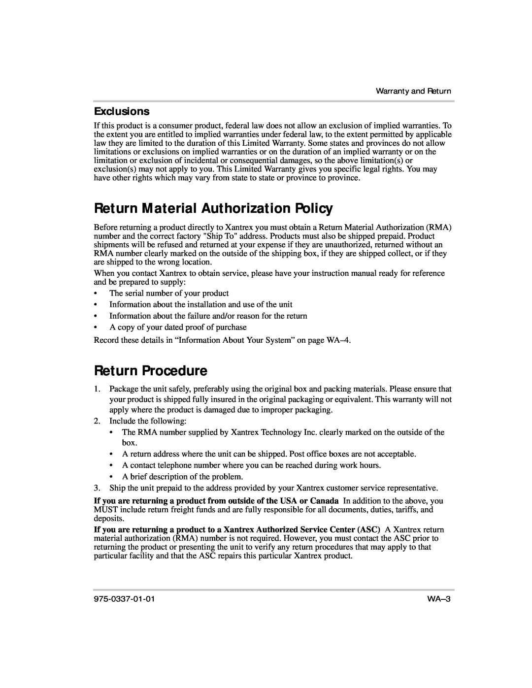 Xantrex Technology IP1012 AL manual Return Material Authorization Policy, Return Procedure, Exclusions 