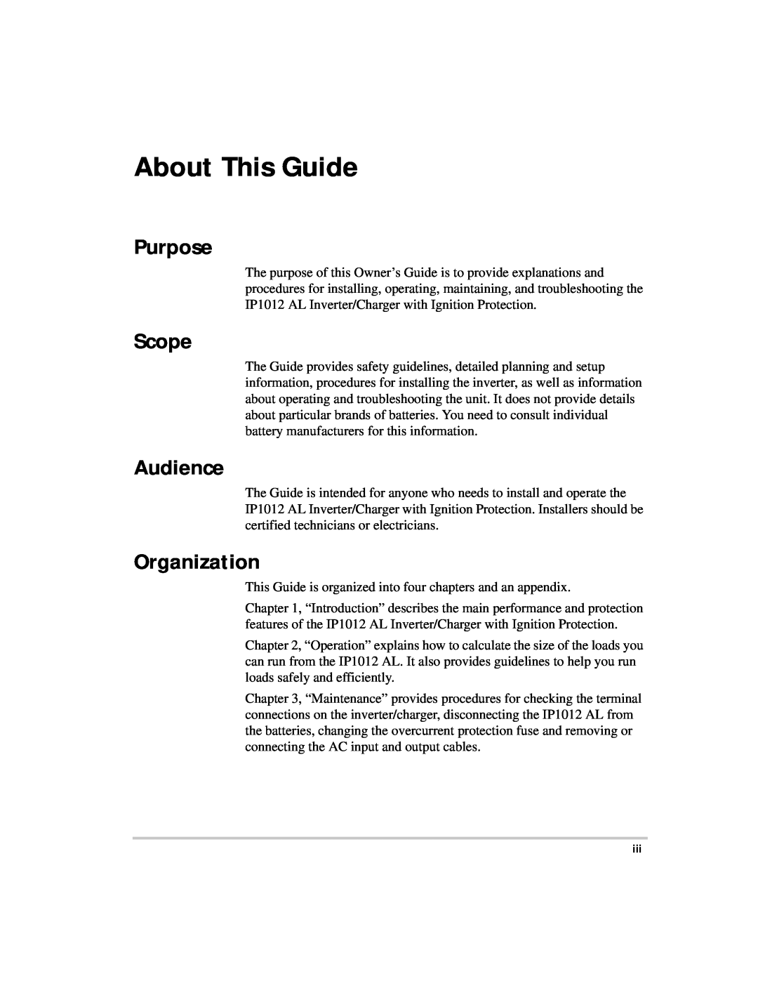 Xantrex Technology IP1012 AL manual About This Guide, Purpose, Scope, Audience, Organization 
