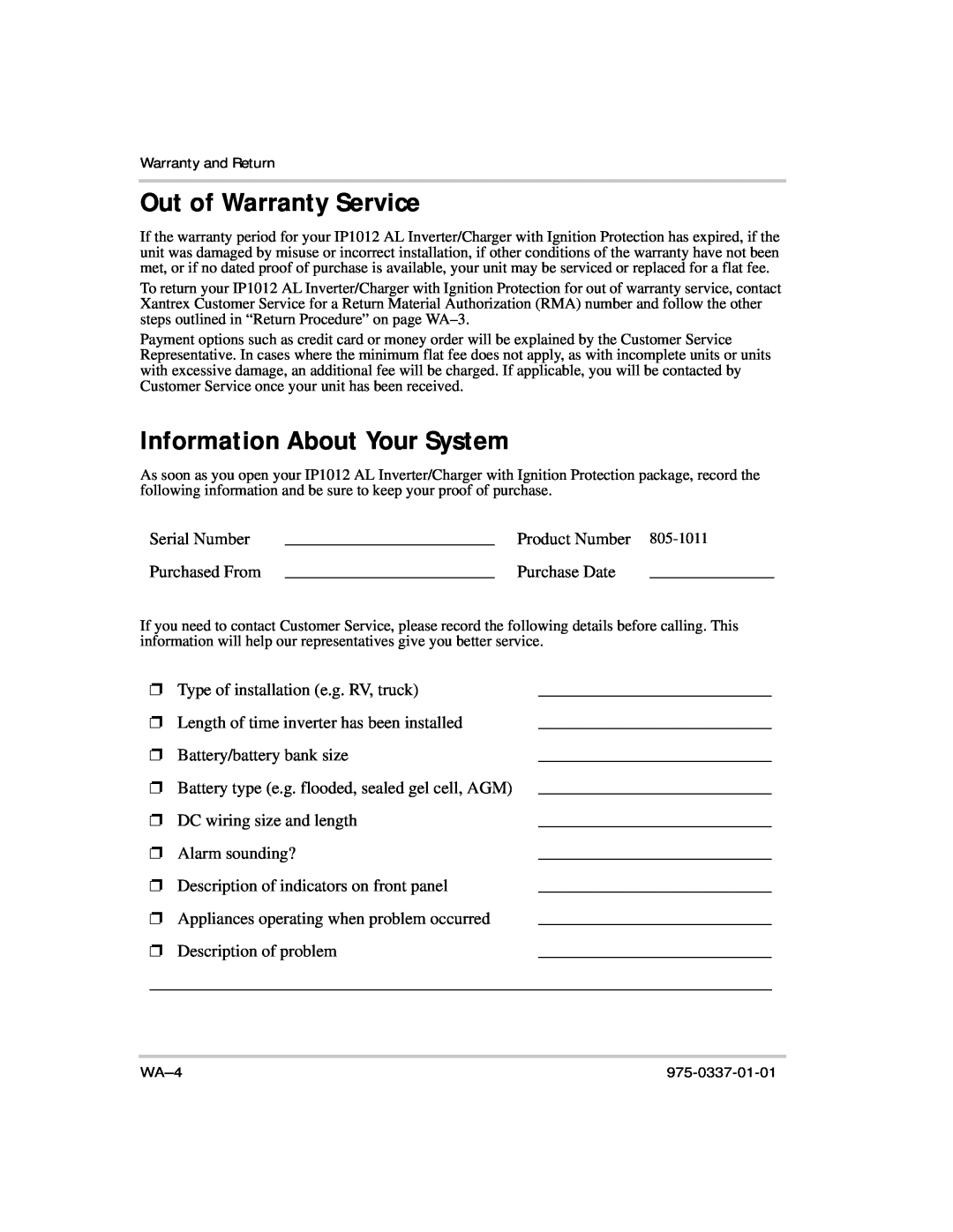 Xantrex Technology IP1012 AL manual Out of Warranty Service, Information About Your System 