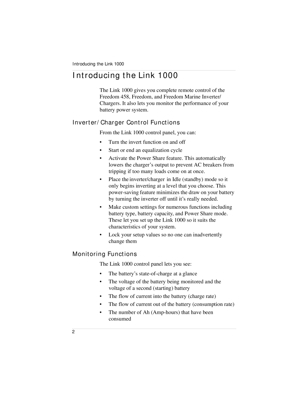 Xantrex Technology Link 1000 manual Introducing the Link, Inverter/Charger Control Functions, Monitoring Functions 