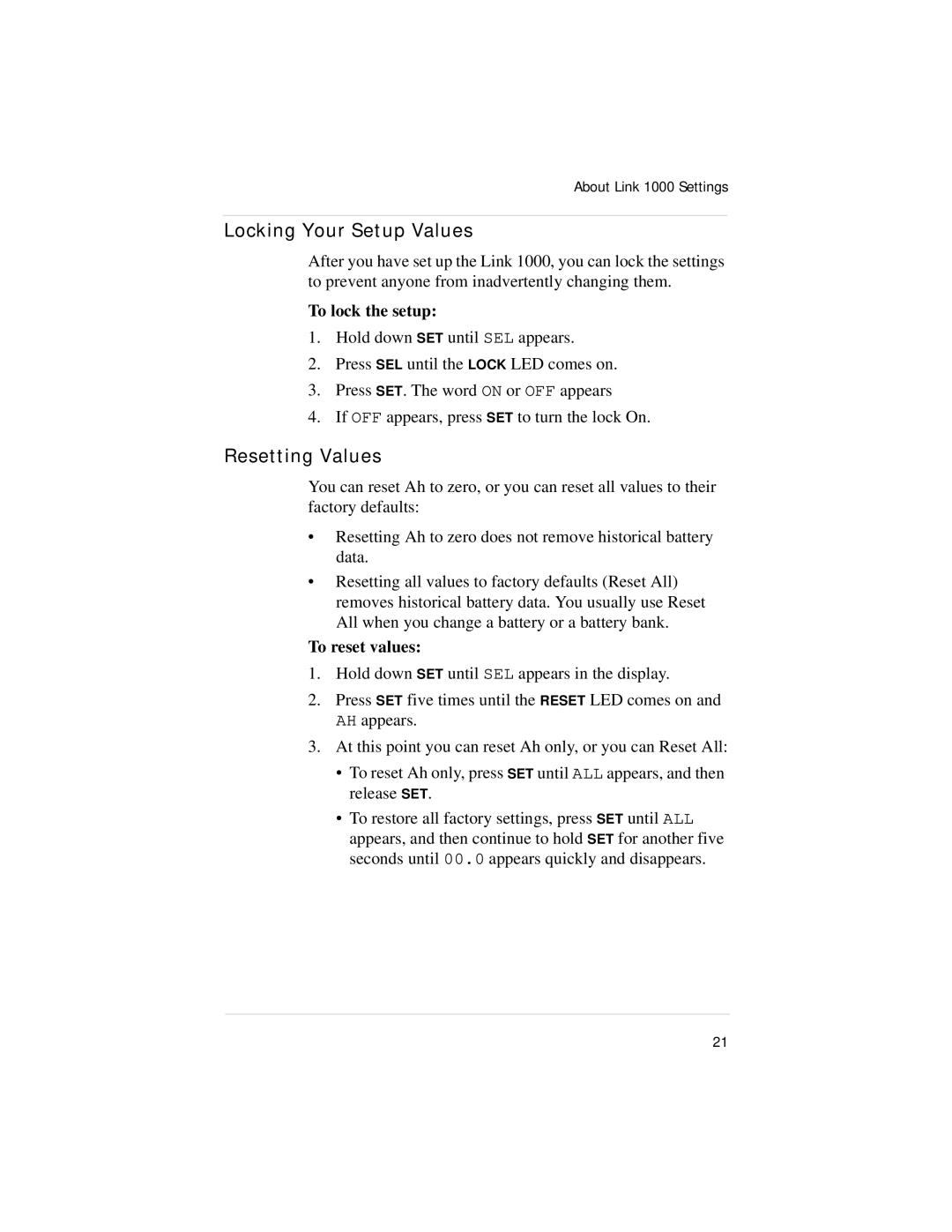 Xantrex Technology Link 1000 manual Locking Your Setup Values, Resetting Values, To lock the setup, To reset values 