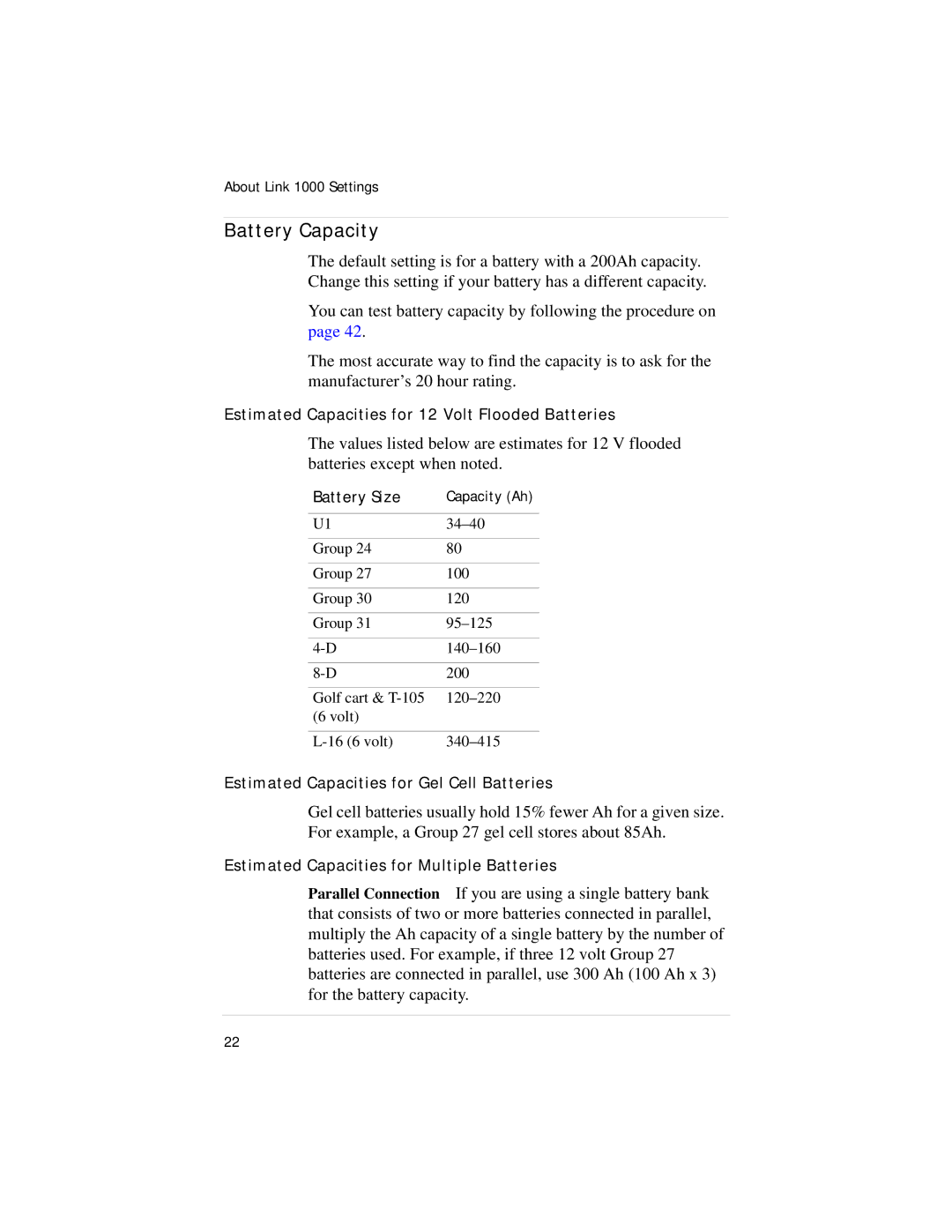 Xantrex Technology Link 1000 manual Battery Capacity, Battery Size 