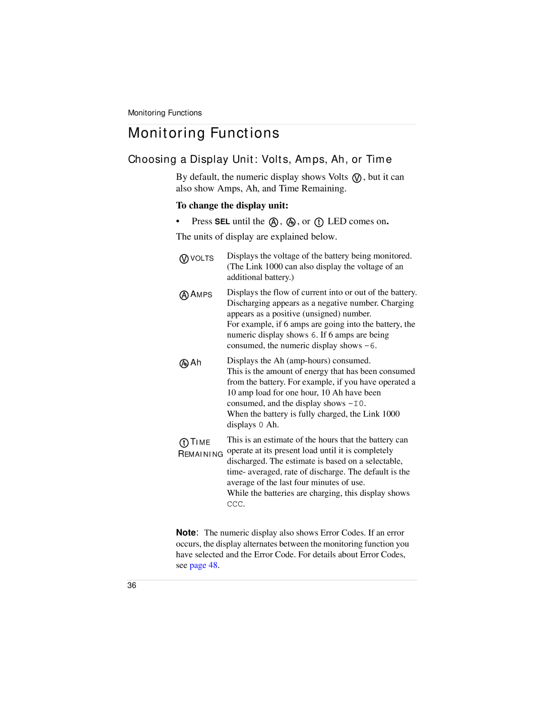 Xantrex Technology Link 1000 manual Monitoring Functions, Choosing a Display Unit Volts, Amps, Ah, or Time 