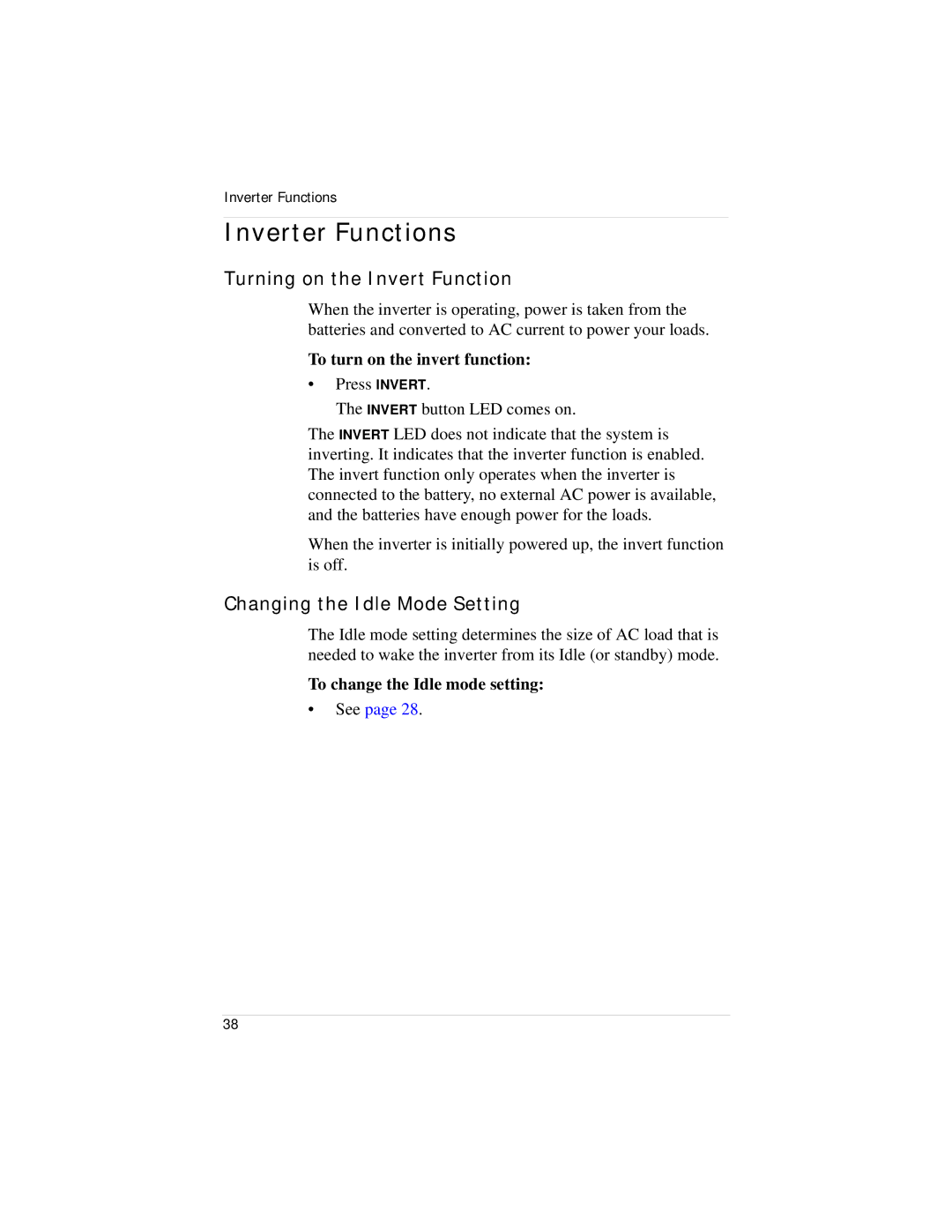 Xantrex Technology Link 1000 manual Inverter Functions, Turning on the Invert Function, Changing the Idle Mode Setting 