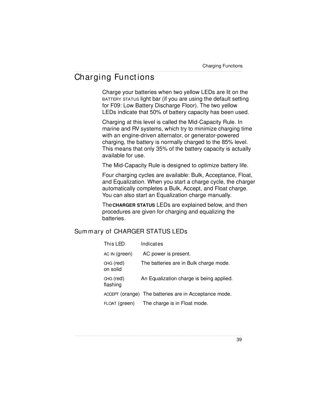 Xantrex Technology Link 1000 manual Charging Functions, Summary of Charger Status LEDs 