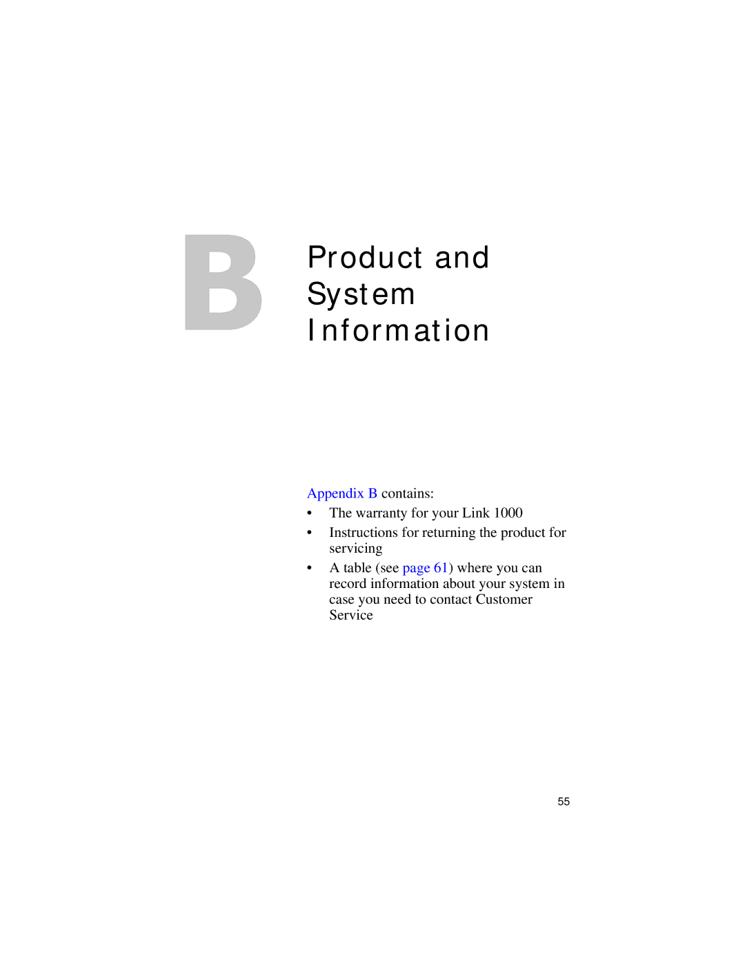 Xantrex Technology Link 1000 manual Product System Information, Appendix B contains 