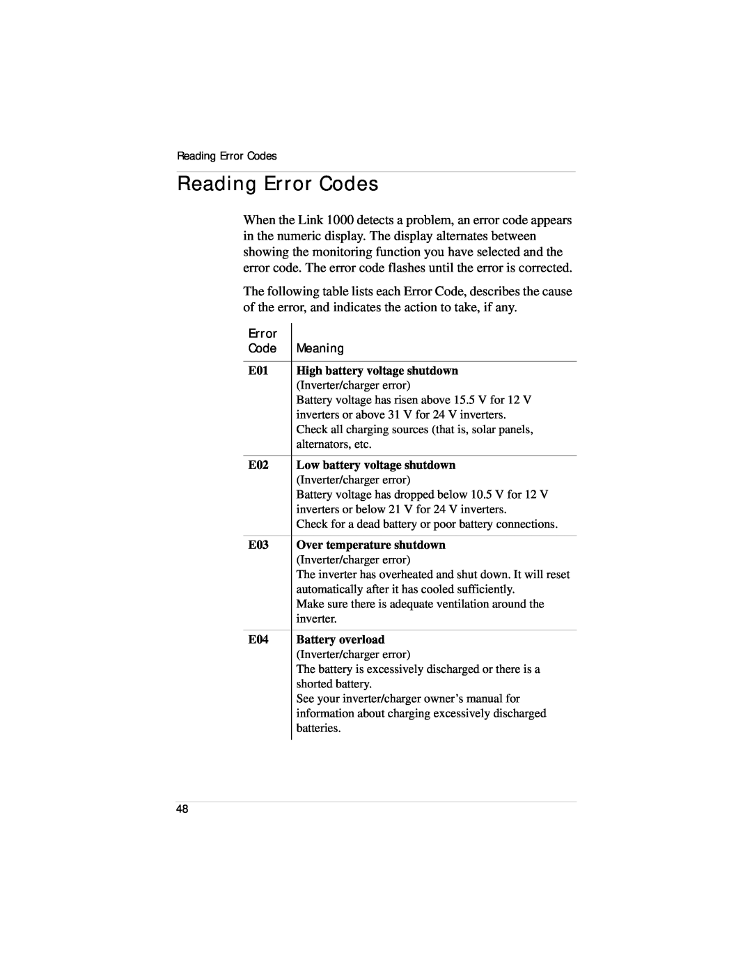 Xantrex Technology Link 1000 manual Reading Error Codes, Meaning 