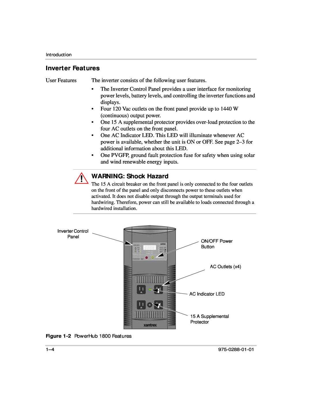 Xantrex Technology PH1800 manual Inverter Features, WARNING Shock Hazard, User Features 