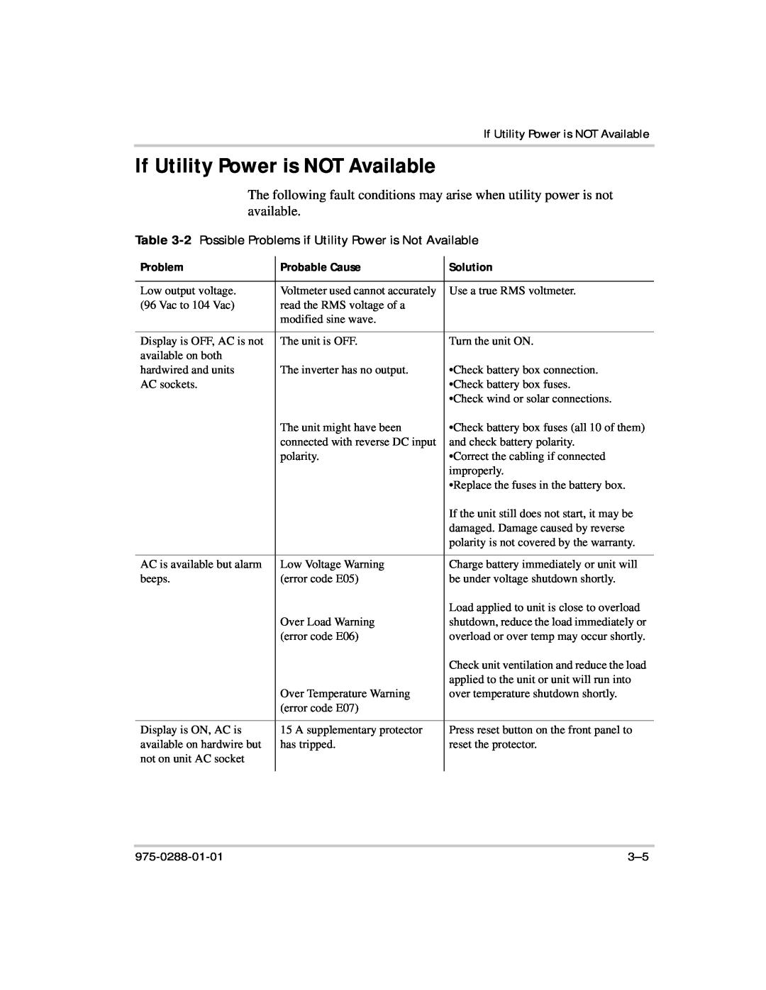 Xantrex Technology PH1800 manual If Utility Power is NOT Available, 2 Possible Problems if Utility Power is Not Available 