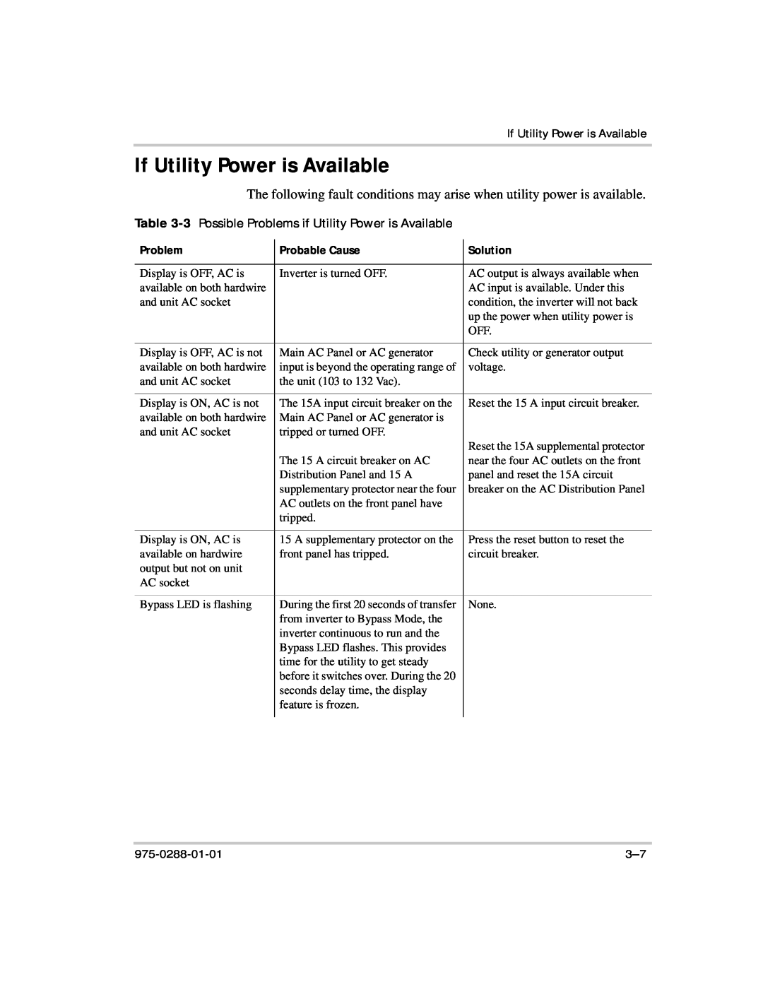 Xantrex Technology PH1800 If Utility Power is Available, 3 Possible Problems if Utility Power is Available, Probable Cause 