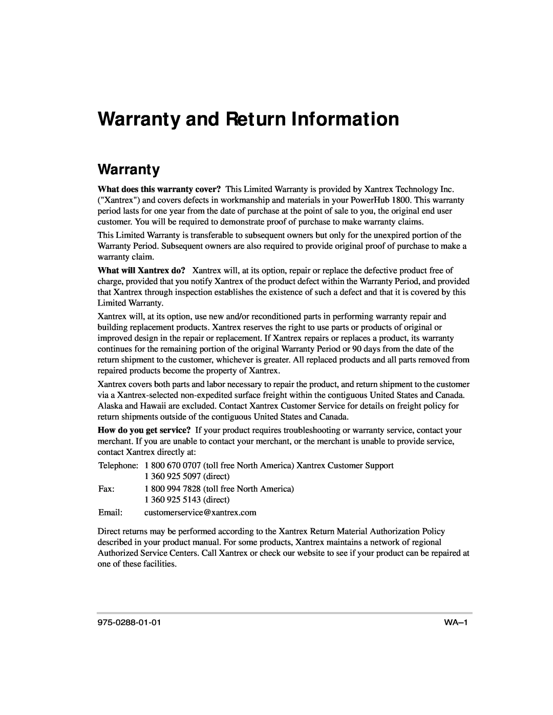 Xantrex Technology PH1800 manual Warranty and Return Information 