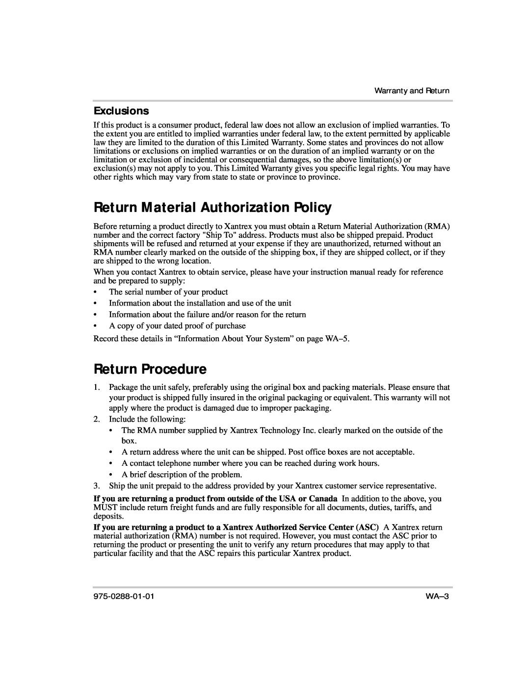 Xantrex Technology PH1800 manual Return Material Authorization Policy, Return Procedure, Exclusions 