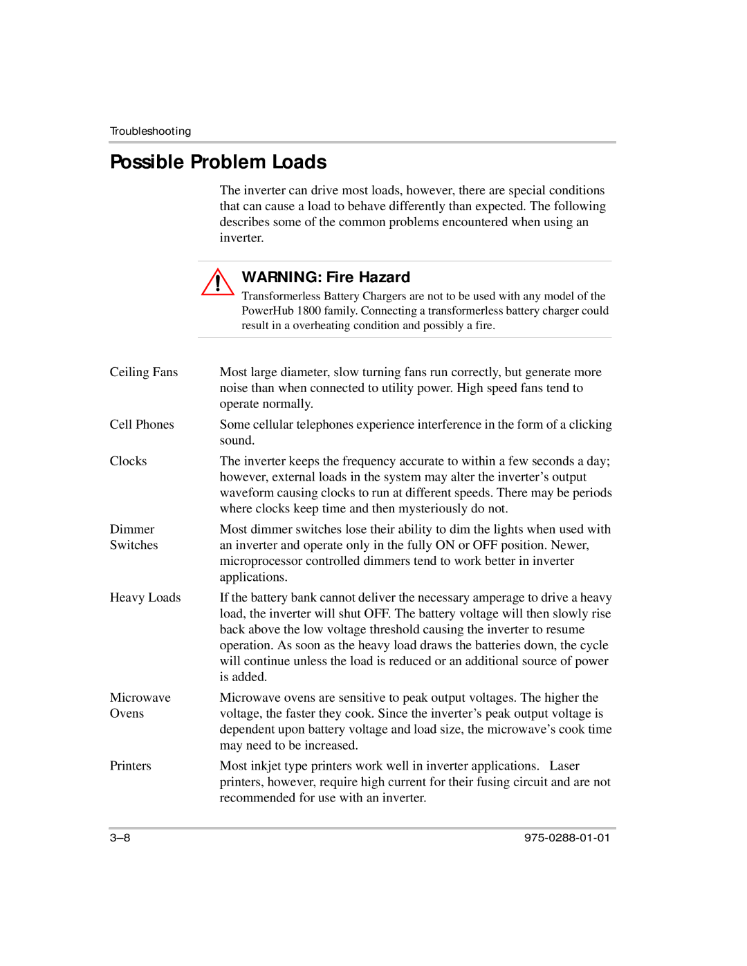 Xantrex Technology PH1800 manual Possible Problem Loads 