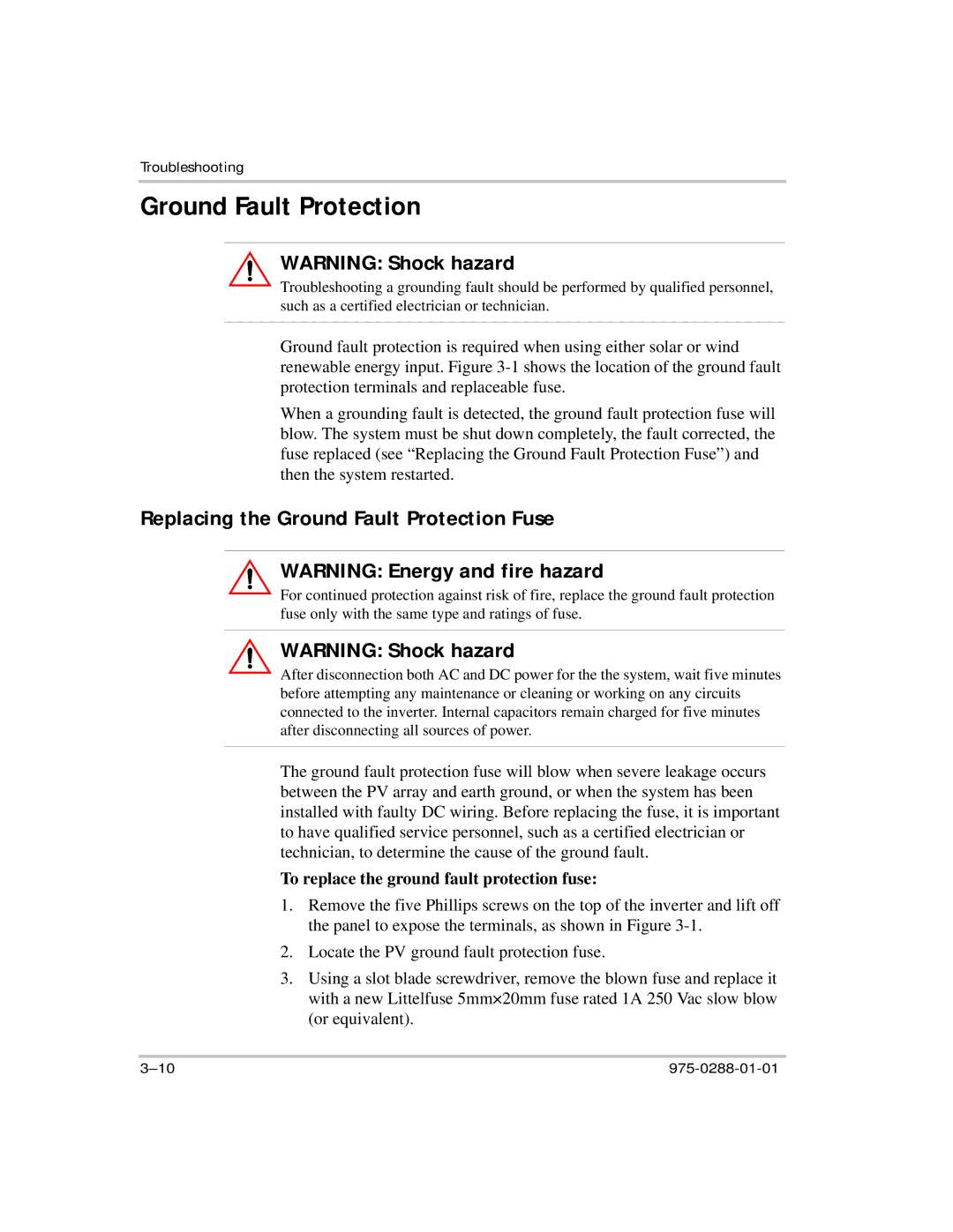 Xantrex Technology PH1800 manual Replacing the Ground Fault Protection Fuse 