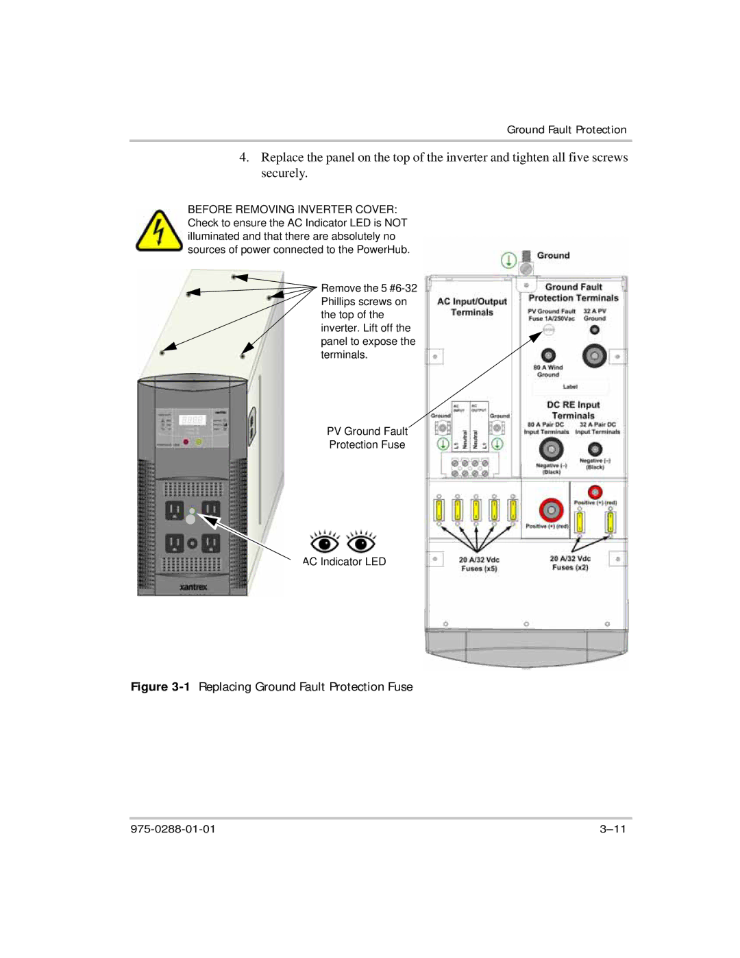 Xantrex Technology PH1800 manual 1Replacing Ground Fault Protection Fuse 