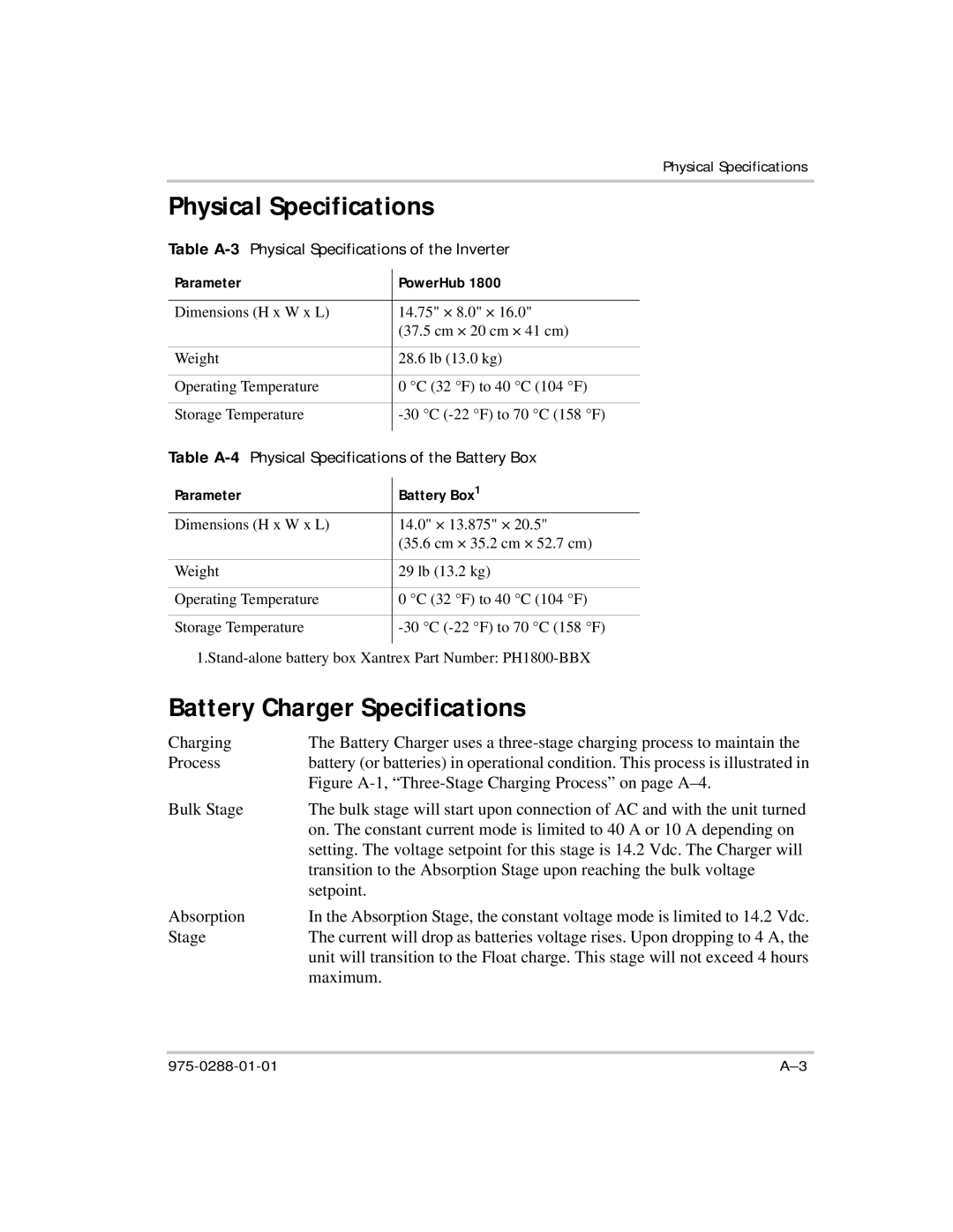 Xantrex Technology PH1800 manual Physical Specifications, Battery Charger Specifications 