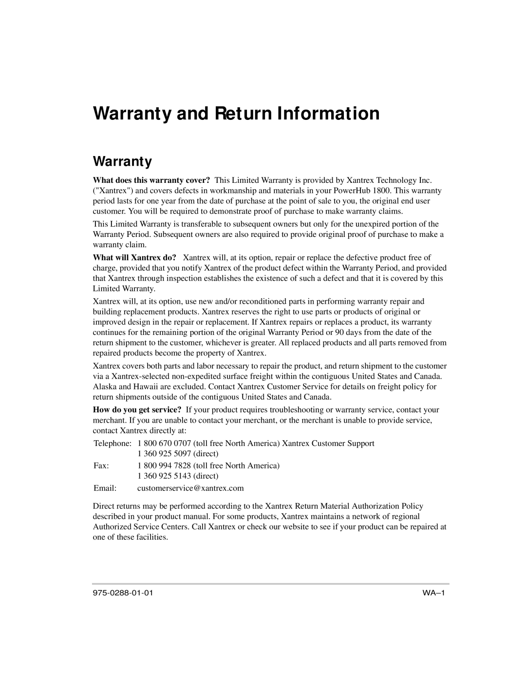 Xantrex Technology PH1800 manual Warranty and Return Information 