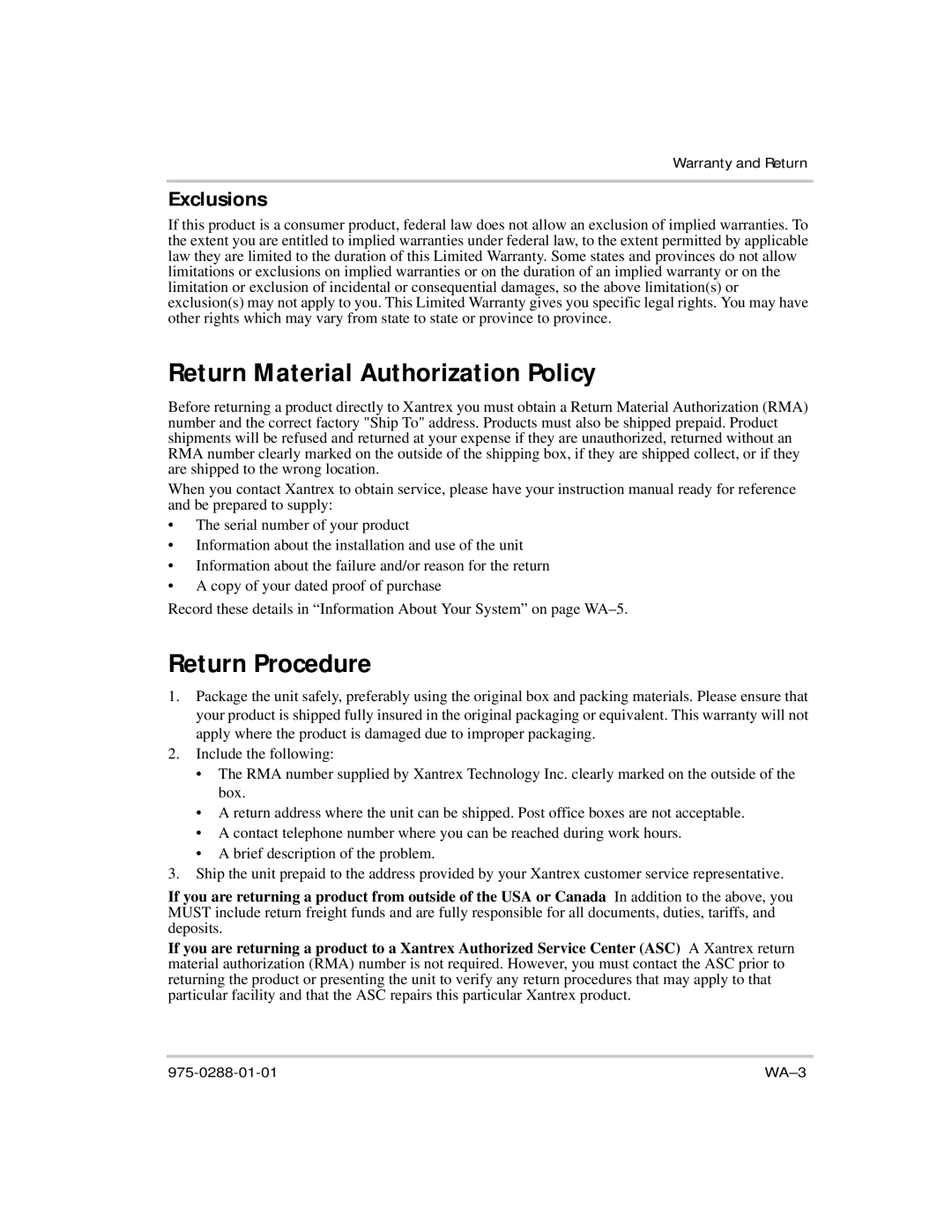 Xantrex Technology PH1800 manual Return Material Authorization Policy, Return Procedure, Exclusions 