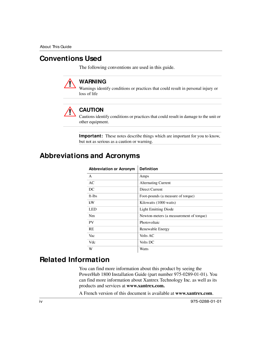 Xantrex Technology PH1800 manual Conventions Used, Abbreviations and Acronyms, Related Information 