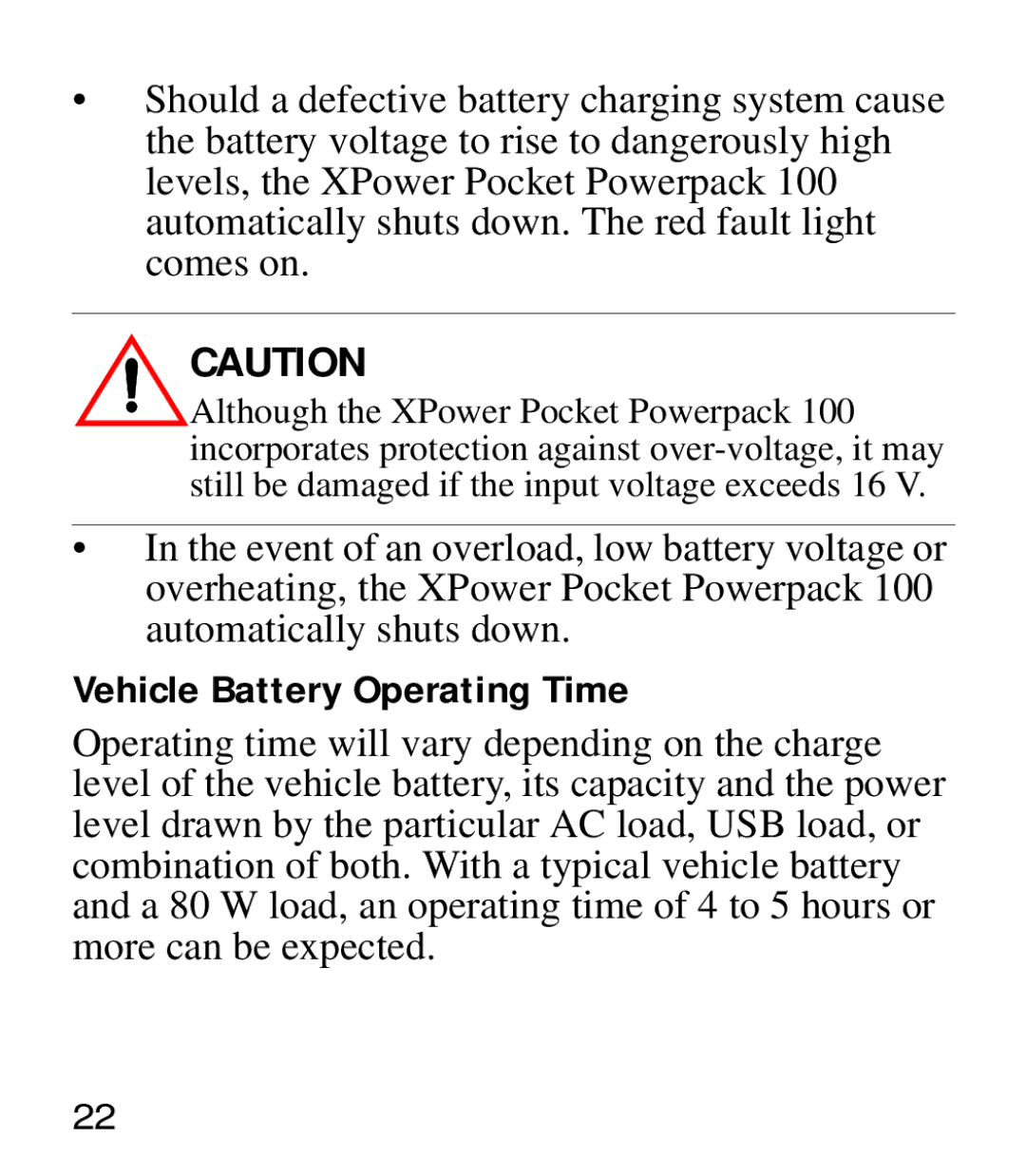 Xantrex Technology Powerpack 100 manual Vehicle Battery Operating Time 