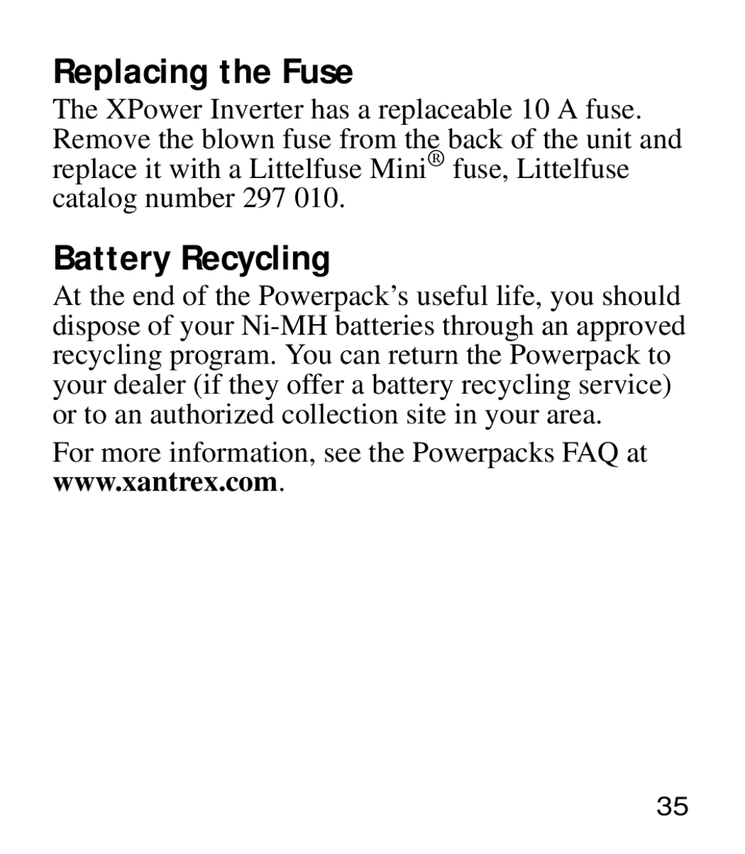 Xantrex Technology Powerpack 100 manual Replacing the Fuse, Battery Recycling 