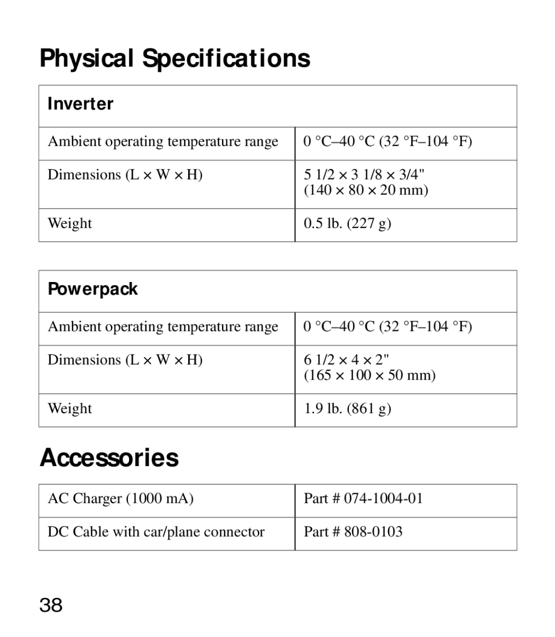 Xantrex Technology Powerpack 100 manual Physical Specifications, Accessories 