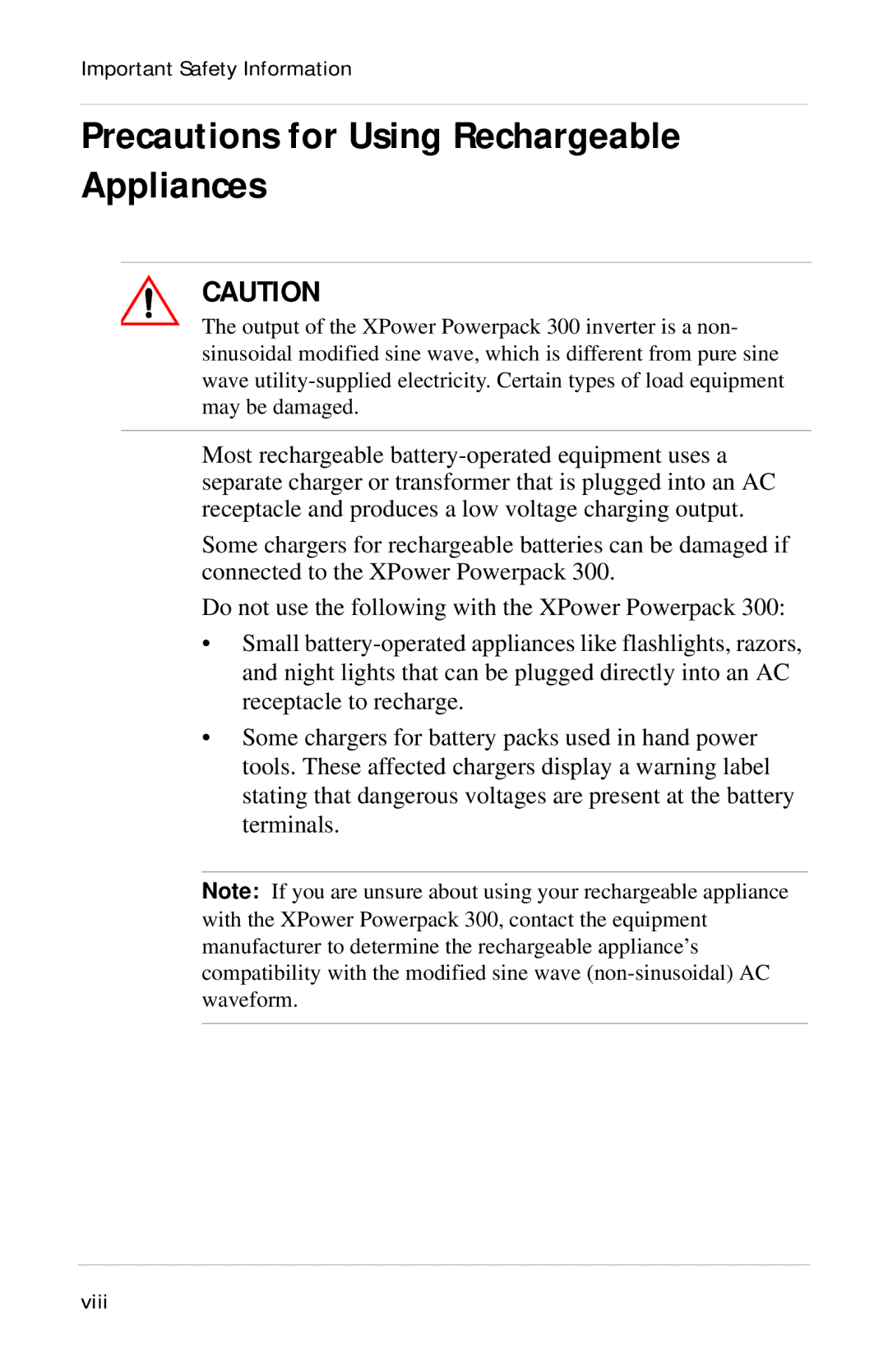 Xantrex Technology Powerpack 300 manual Precautions for Using Rechargeable Appliances 