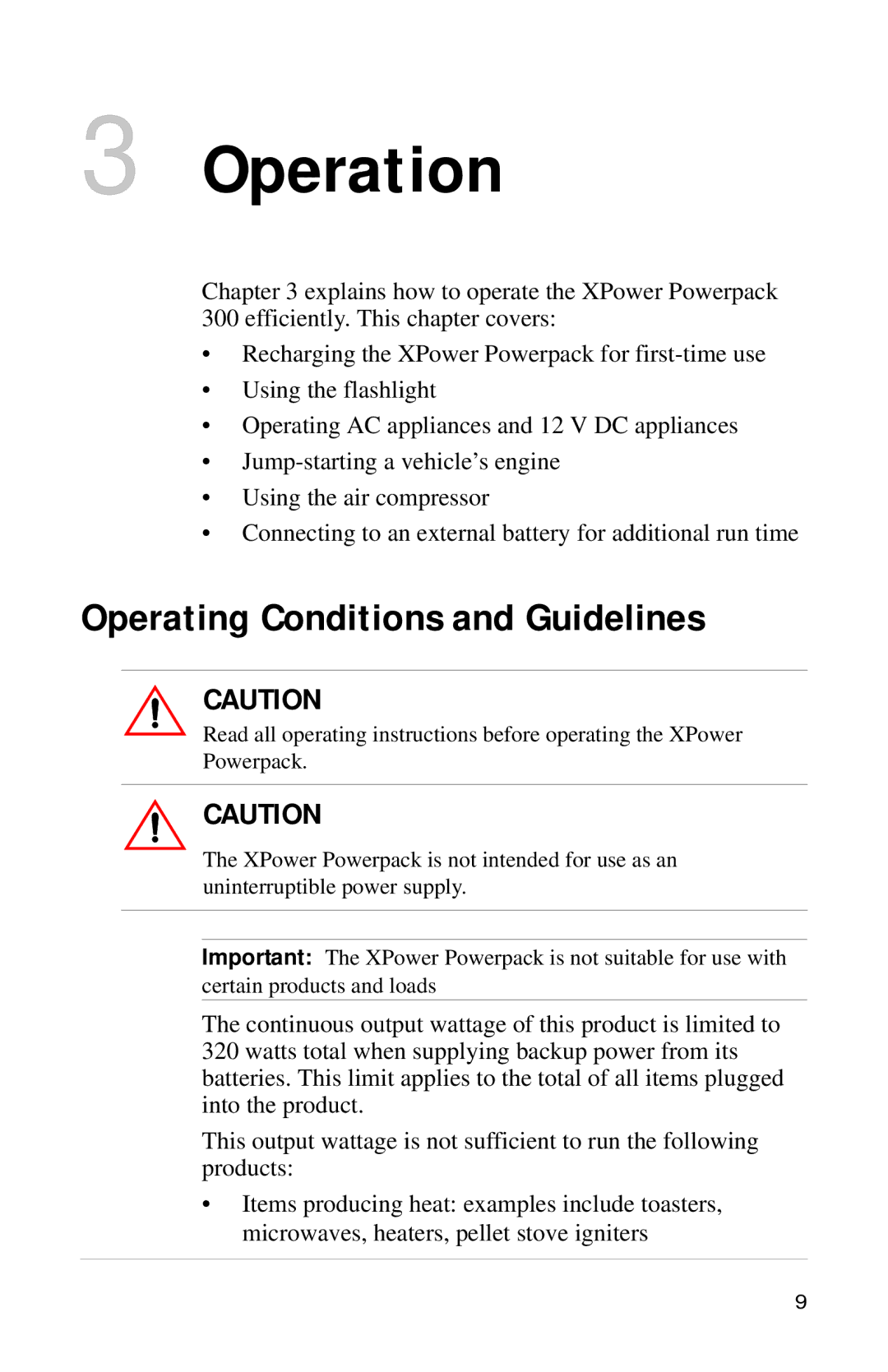 Xantrex Technology Powerpack 300 manual Operation, Operating Conditions and Guidelines 