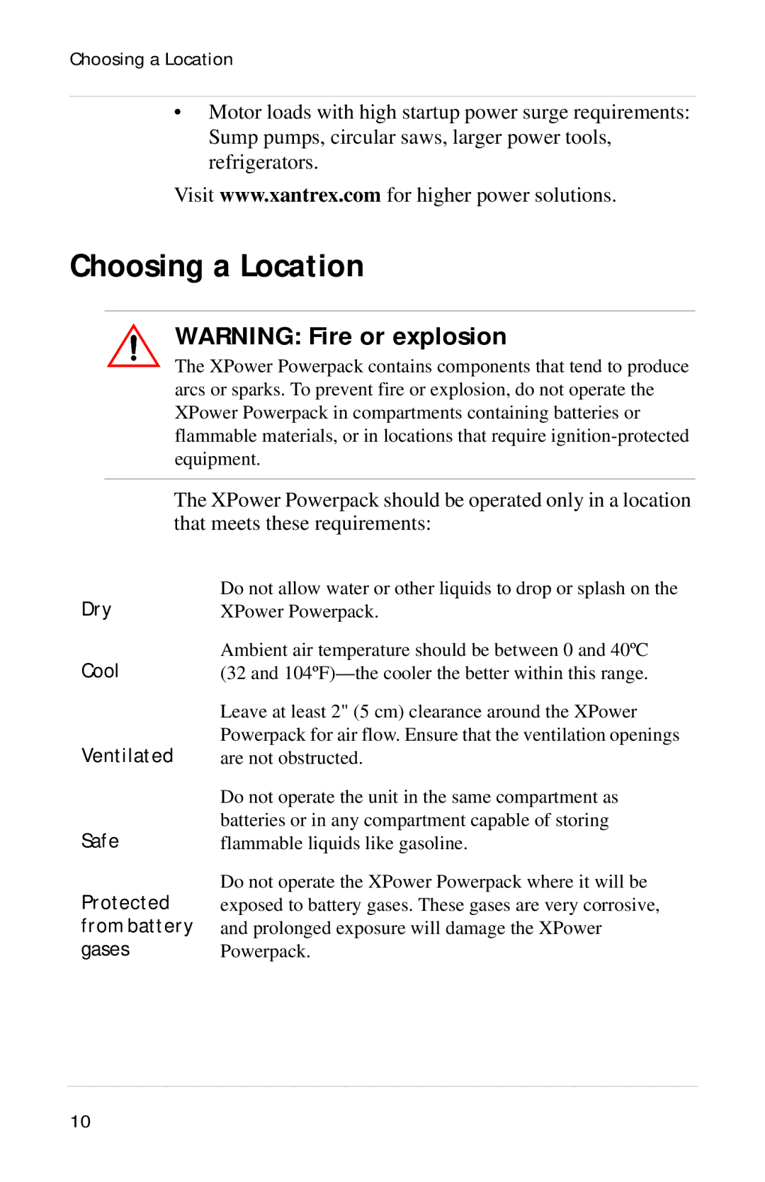 Xantrex Technology Powerpack 300 manual Choosing a Location 