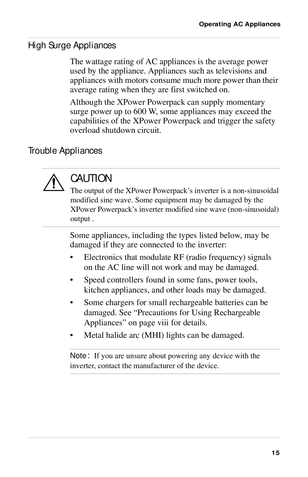 Xantrex Technology Powerpack 300 manual High Surge Appliances 