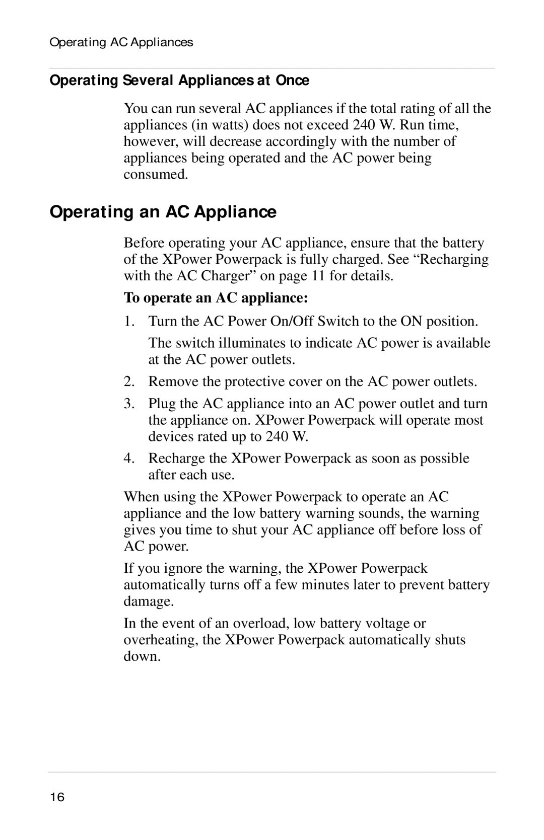 Xantrex Technology Powerpack 300 manual Operating an AC Appliance, To operate an AC appliance 