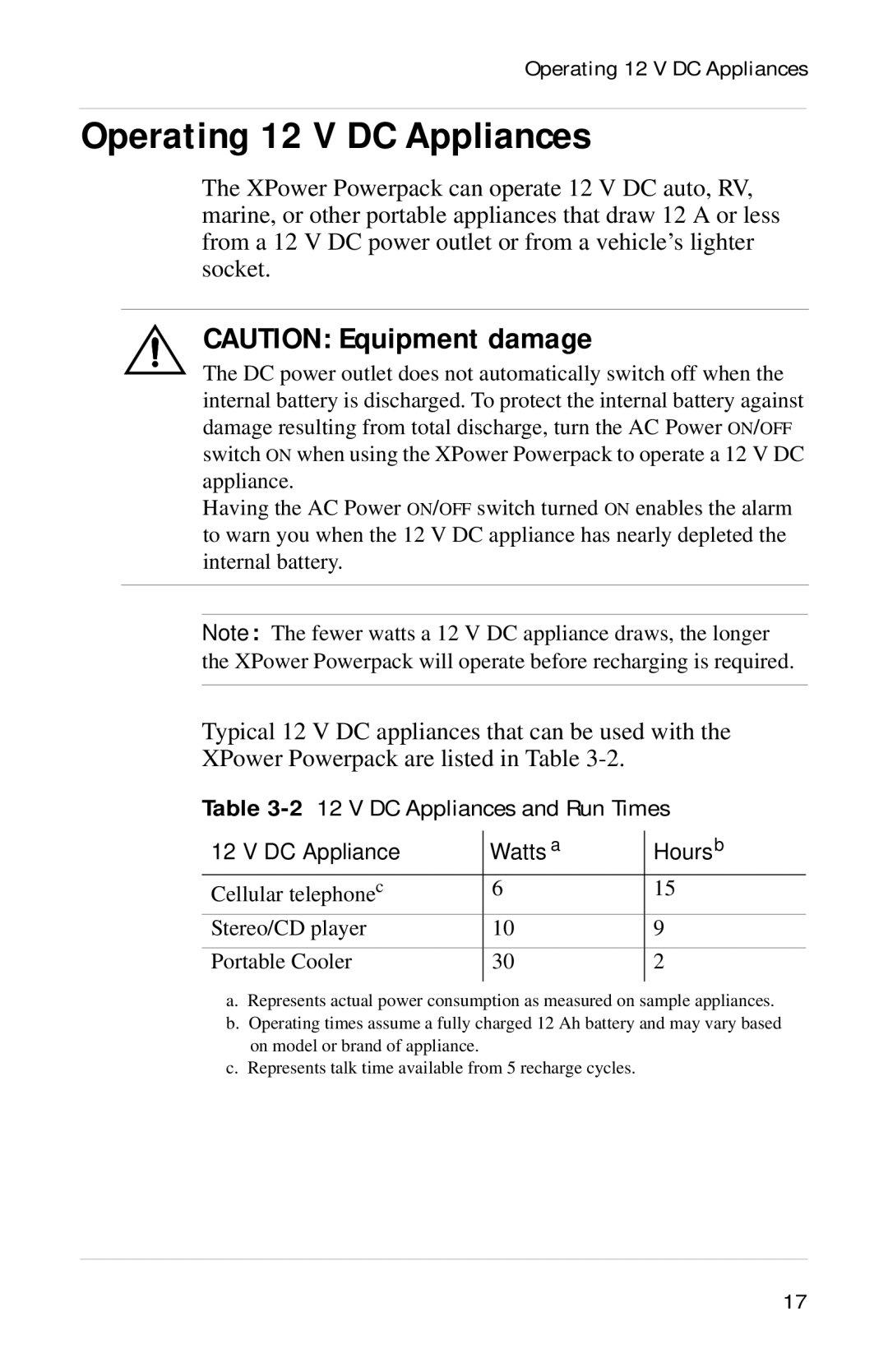 Xantrex Technology Powerpack 300 manual Operating 12 V DC Appliances, DC Appliance Watts a Hours b 