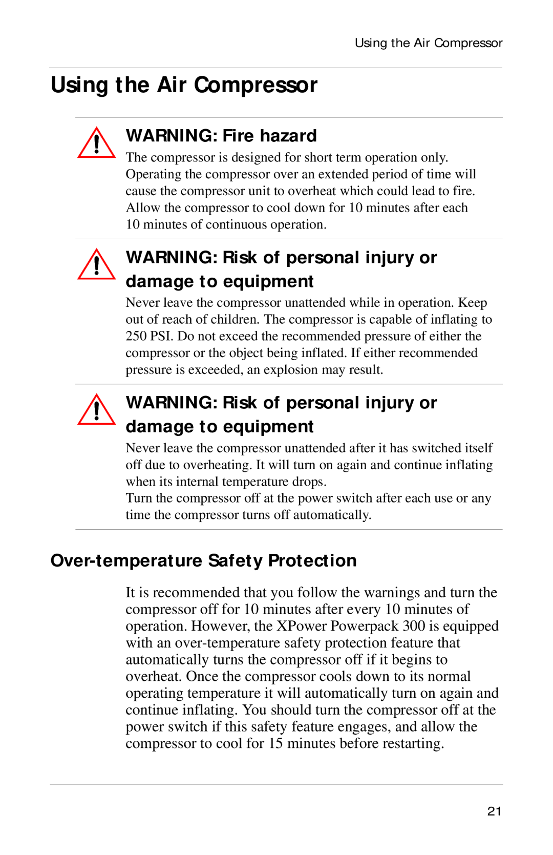 Xantrex Technology Powerpack 300 manual Using the Air Compressor, Over-temperature Safety Protection 