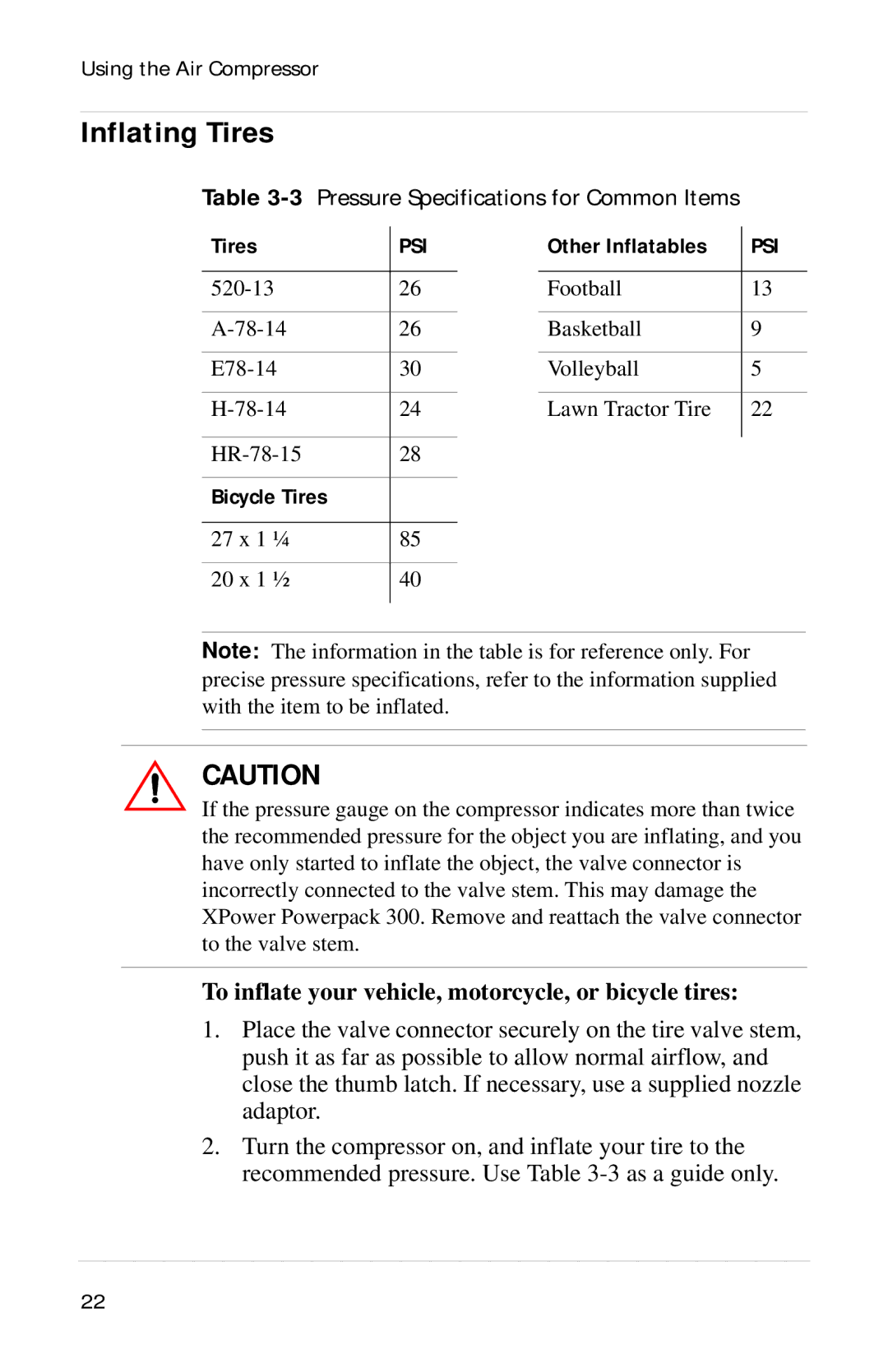 Xantrex Technology Powerpack 300 manual Inflating Tires, To inflate your vehicle, motorcycle, or bicycle tires 