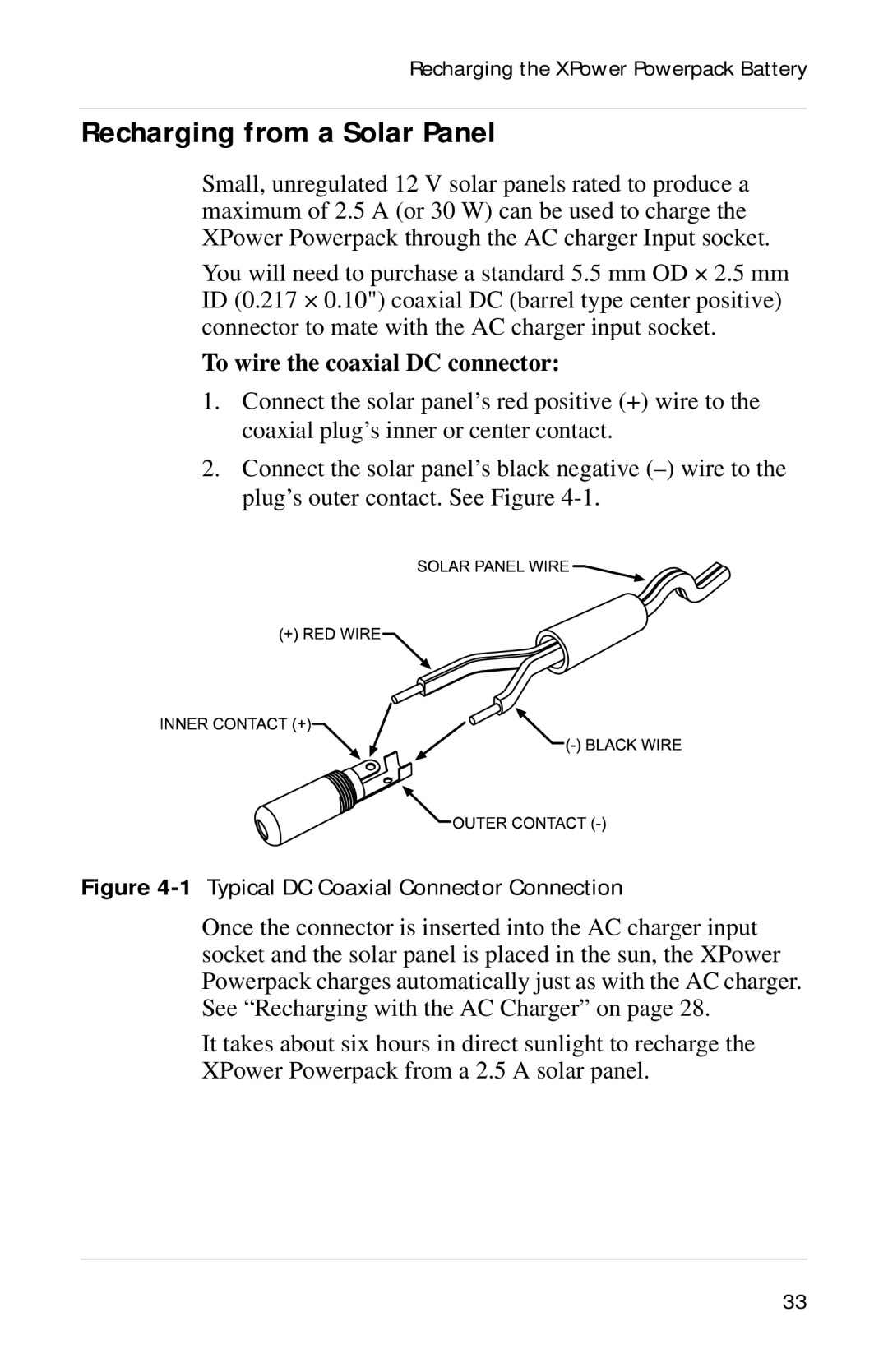 Xantrex Technology Powerpack 300 manual Recharging from a Solar Panel, To wire the coaxial DC connector 