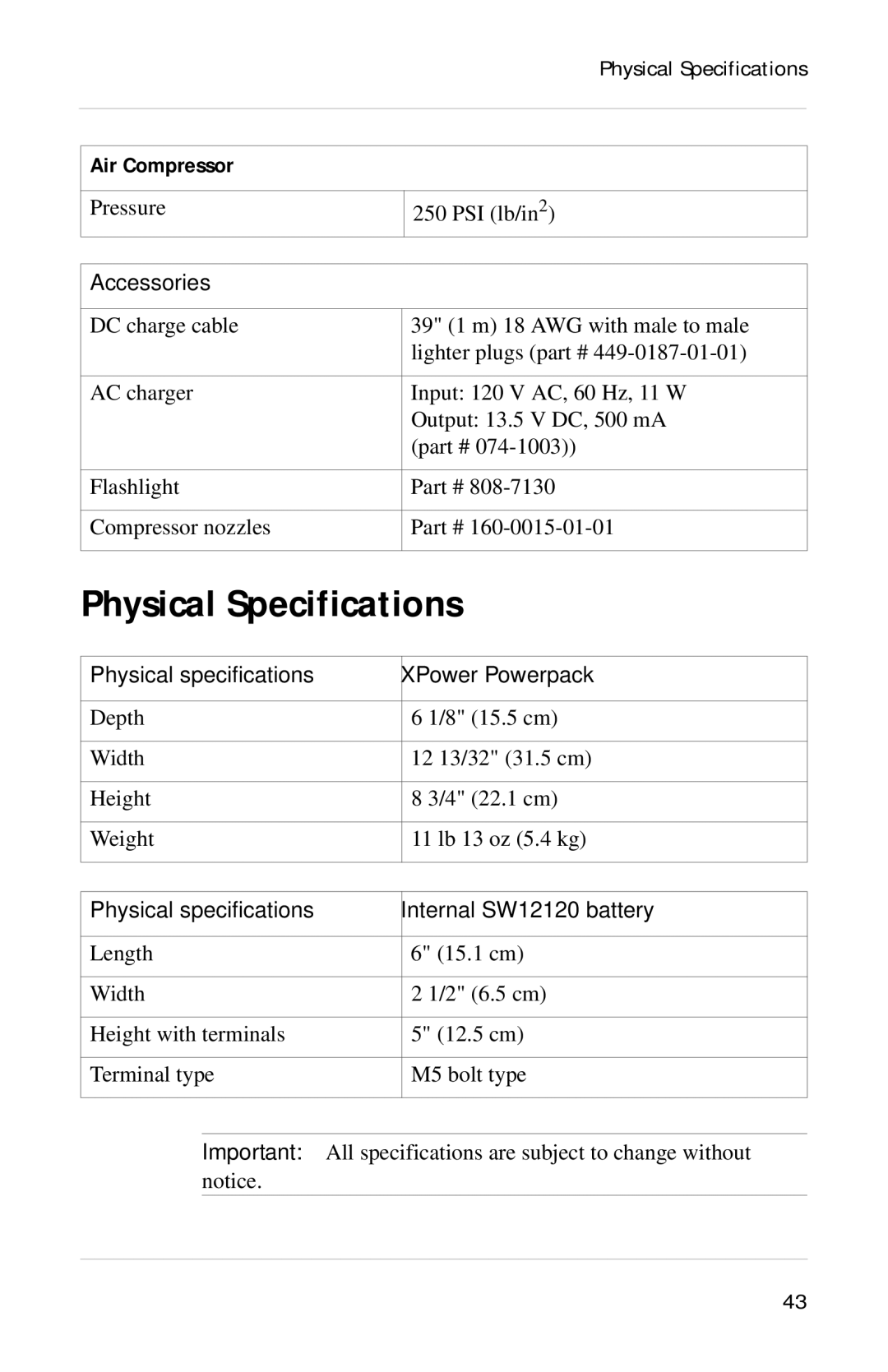 Xantrex Technology Powerpack 300 manual Physical Specifications, Accessories, Physical specifications XPower Powerpack 