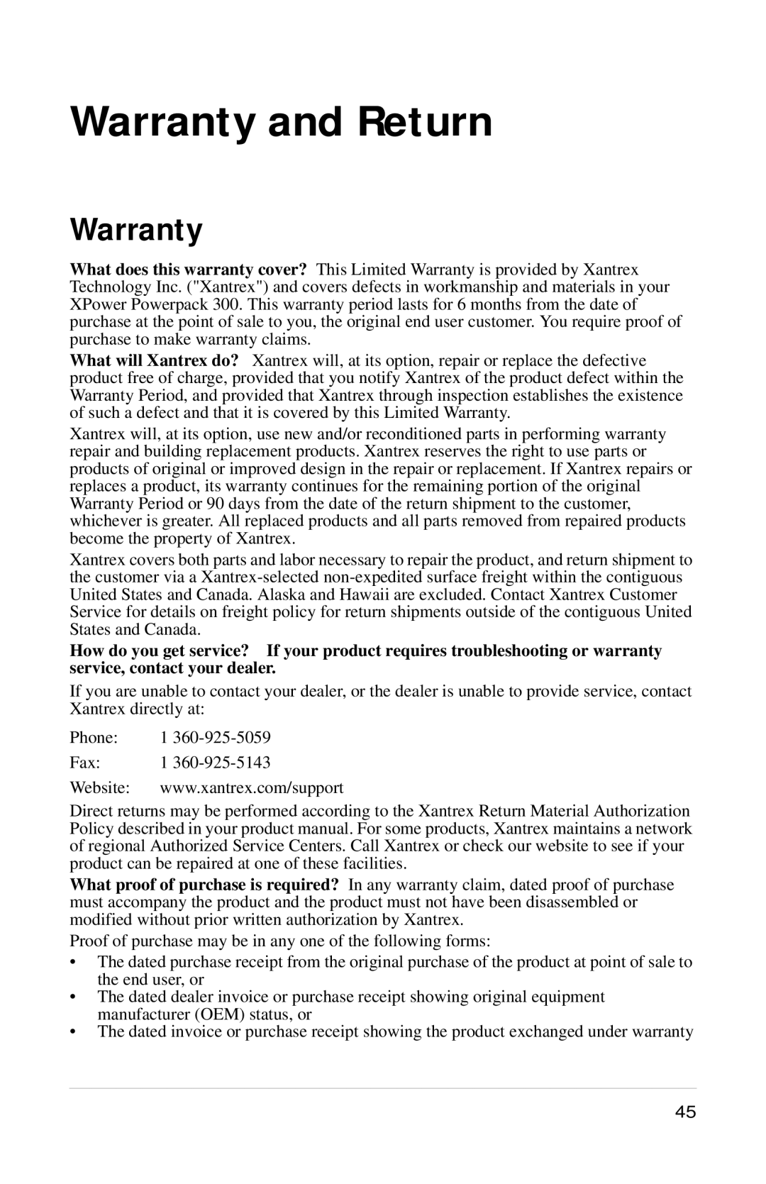 Xantrex Technology Powerpack 300 manual Warranty and Return 