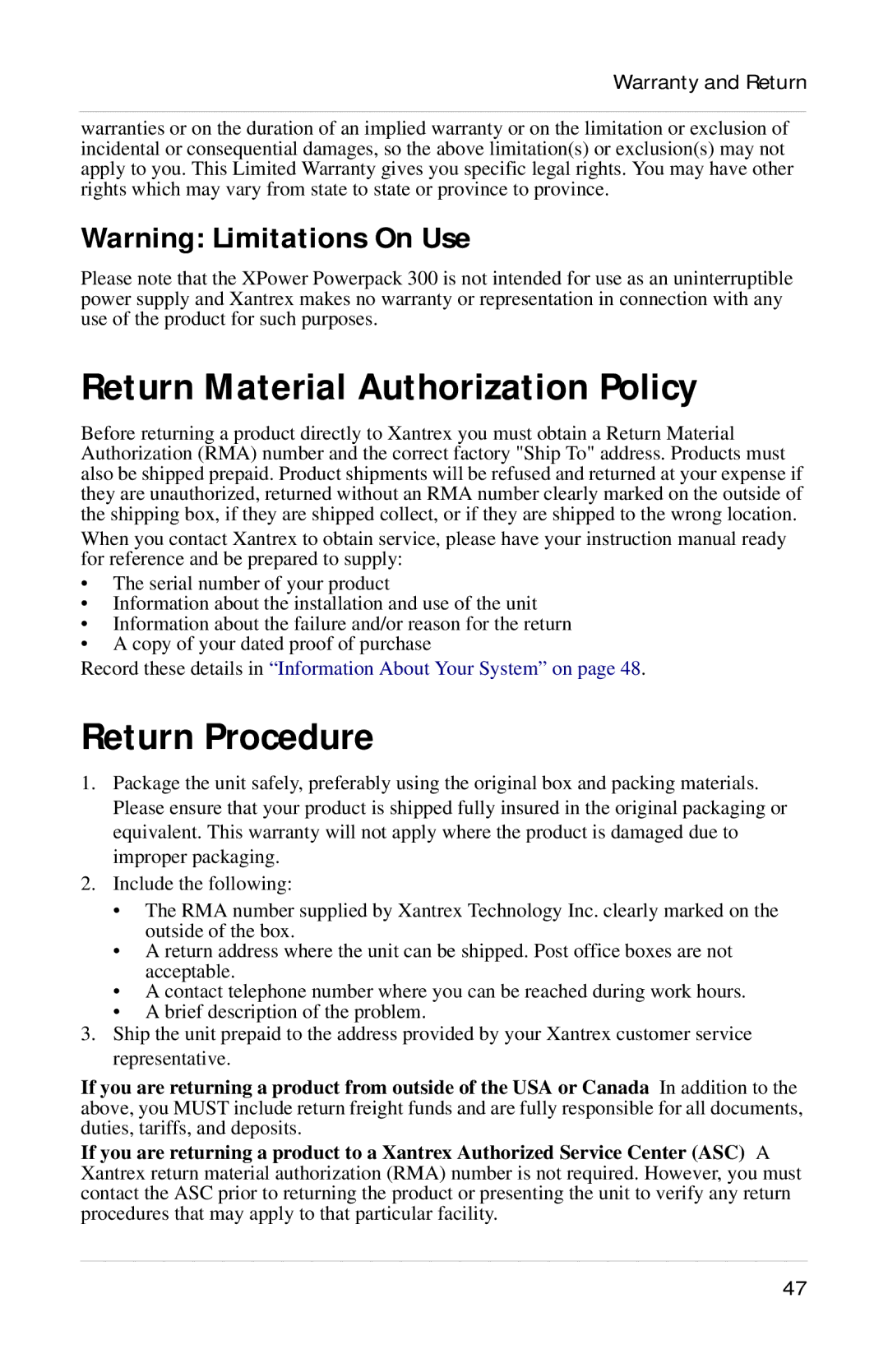 Xantrex Technology Powerpack 300 manual Return Material Authorization Policy, Return Procedure 