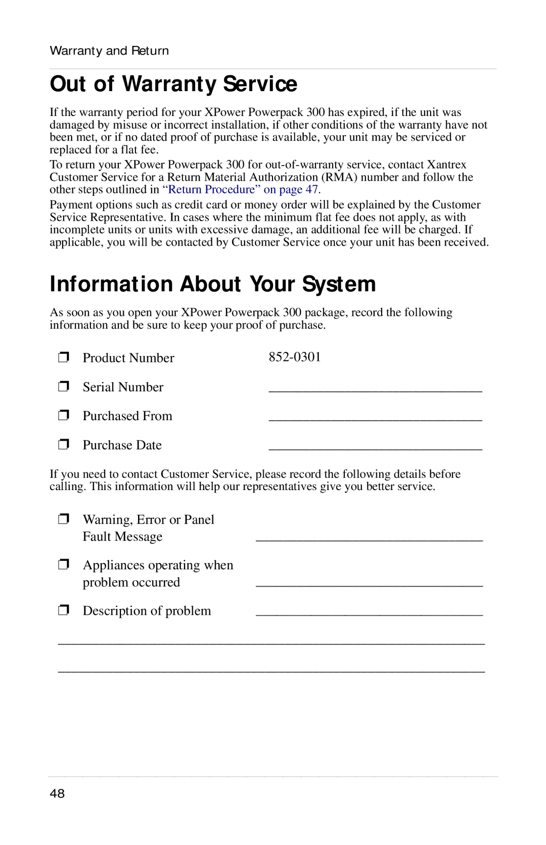 Xantrex Technology Powerpack 300 manual Out of Warranty Service, Information About Your System 