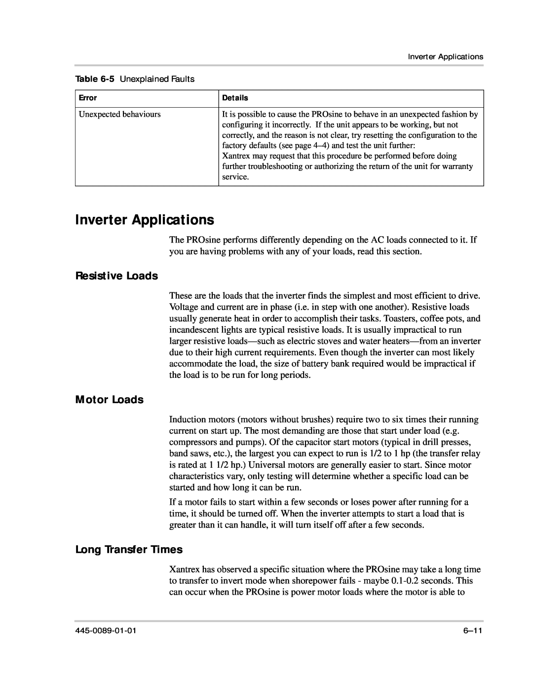 Xantrex Technology PROsine 2.0 user manual Inverter Applications, Resistive Loads, Motor Loads, Long Transfer Times 