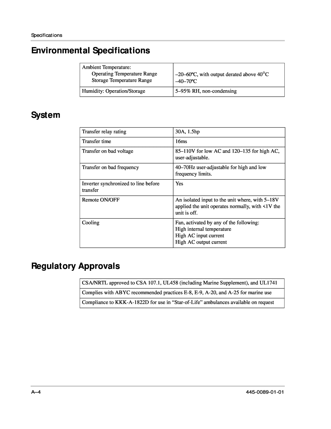 Xantrex Technology PROsine 2.0 user manual Environmental Specifications, System, Regulatory Approvals 