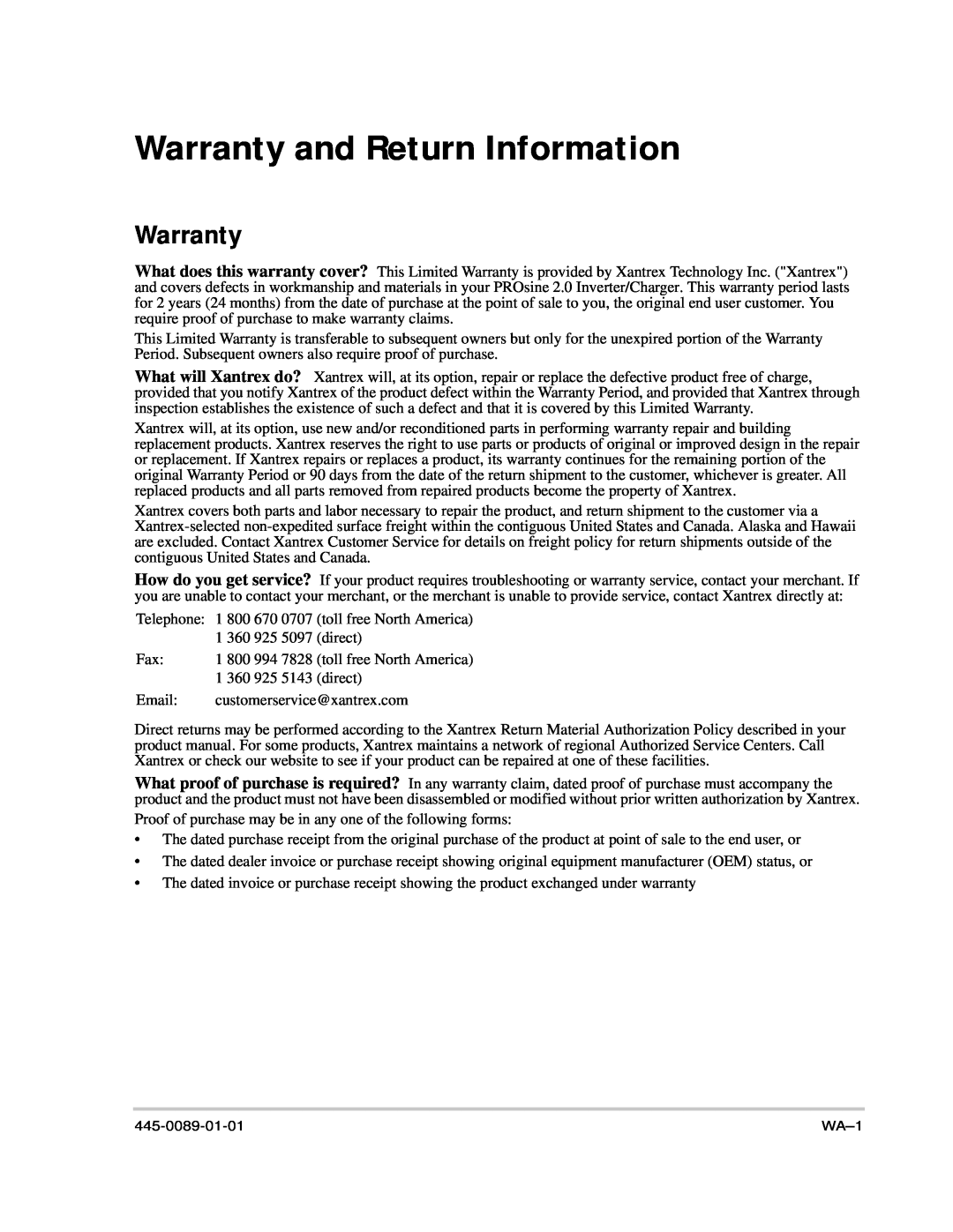 Xantrex Technology PROsine 2.0 user manual Warranty and Return Information 