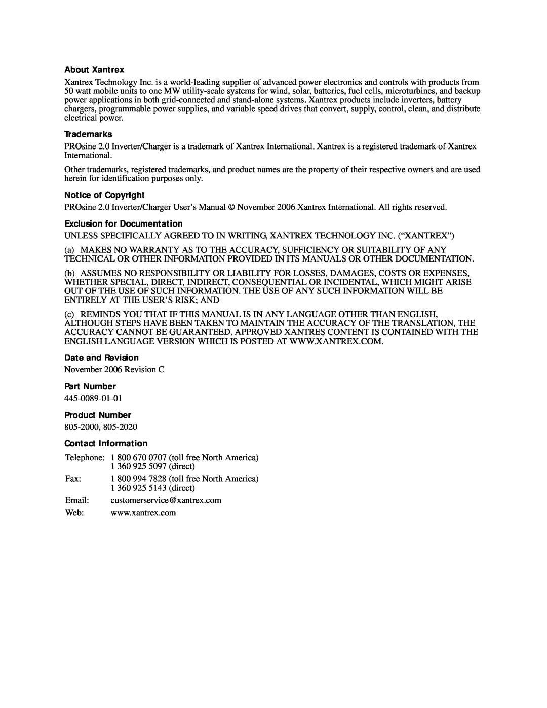 Xantrex Technology PROsine 2.0 About Xantrex, Trademarks, Notice of Copyright, Exclusion for Documentation, Part Number 