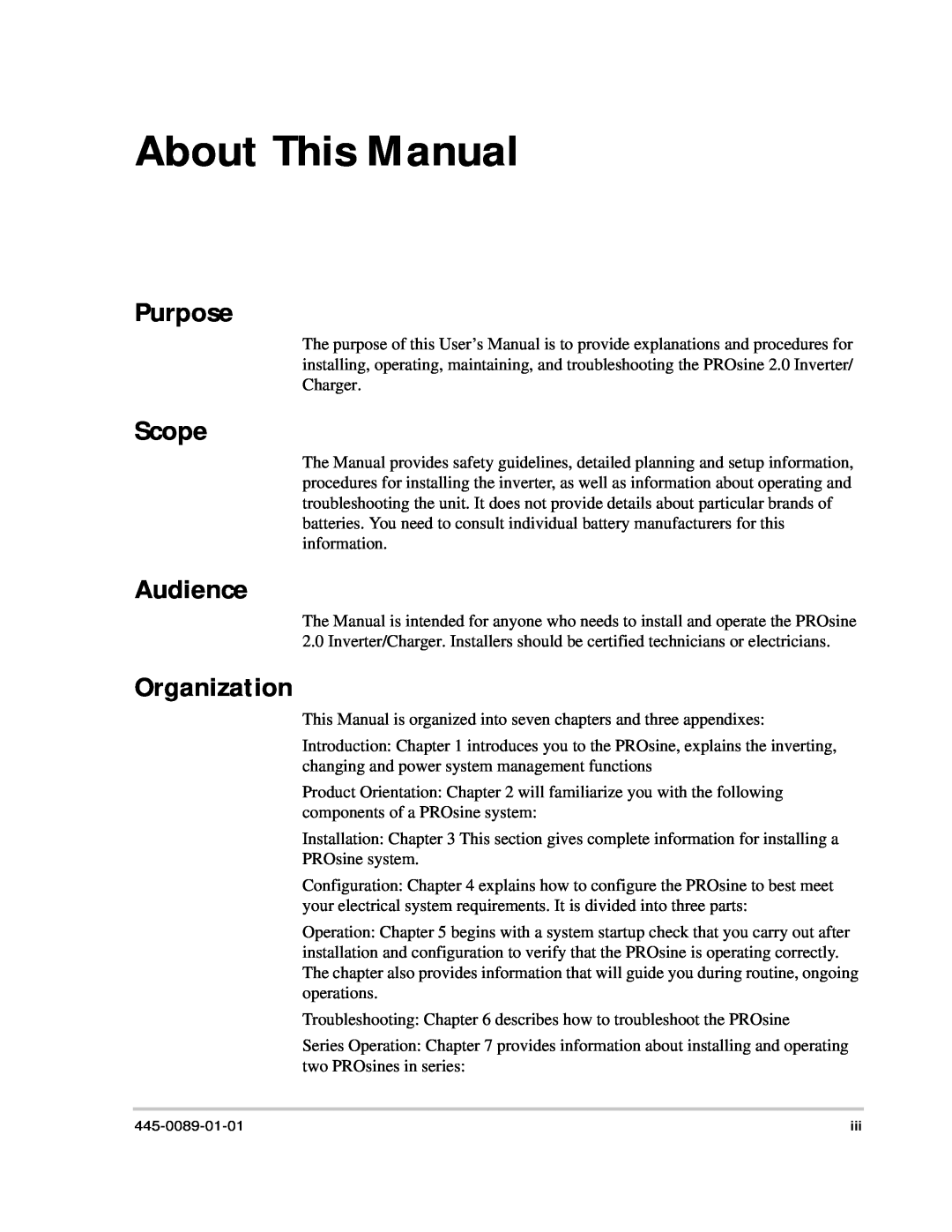 Xantrex Technology PROsine 2.0 user manual About This Manual, Purpose, Scope, Audience, Organization 