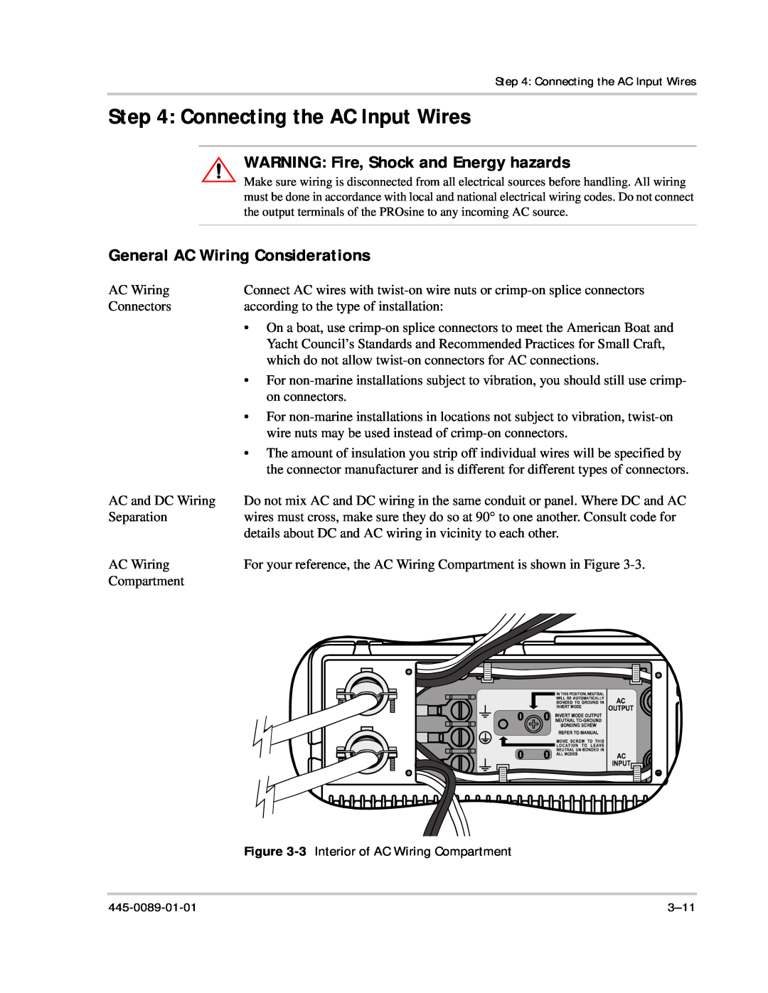 Xantrex Technology PROsine 2.0 user manual Connecting the AC Input Wires, WARNING Fire, Shock and Energy hazards 