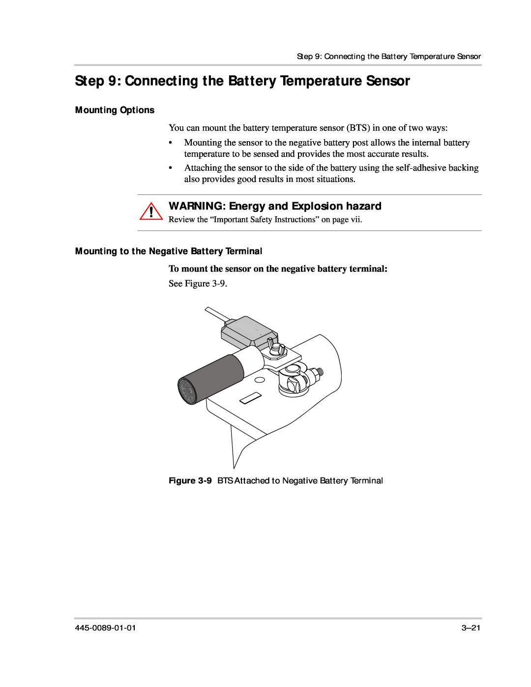 Xantrex Technology PROsine 2.0 user manual Connecting the Battery Temperature Sensor, WARNING Energy and Explosion hazard 